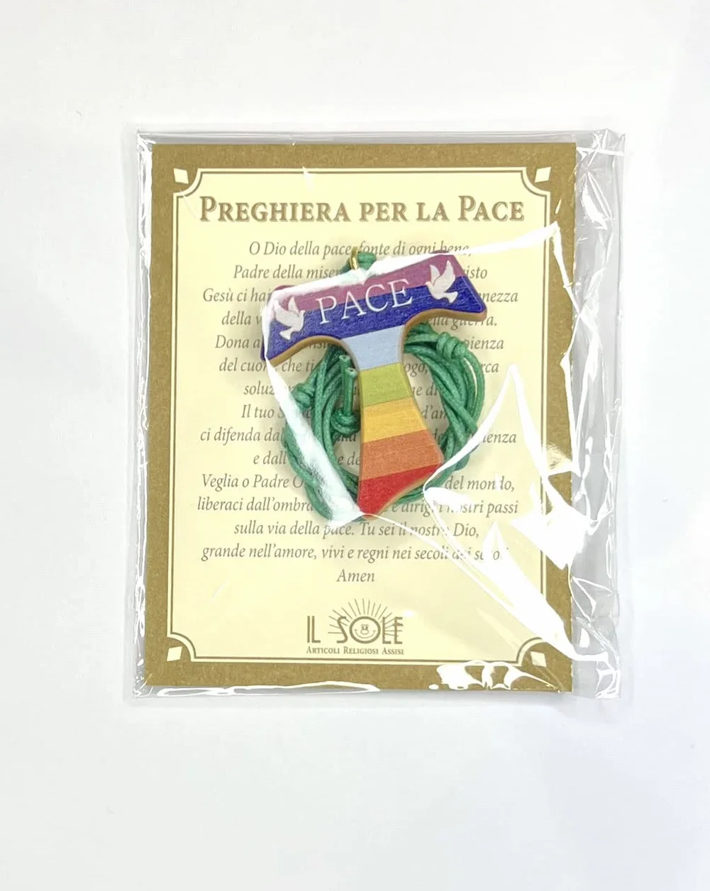 IL SOLE COLLANINE TAU DELLA PACE CON CORDONCINO COLORATO PREGHIERA IN ITALIANO E INGLESE 7 PZ
