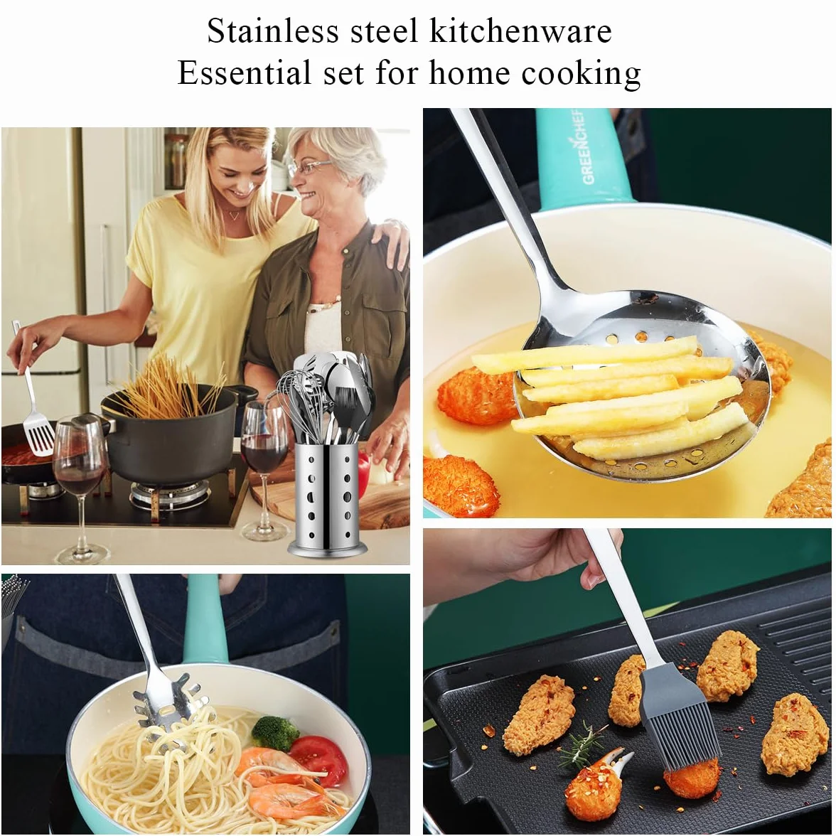 Set di utensili da cucina in acciaio inossidabile 40 pezzi con portautensili, gadget da cucina, set di spatole in metallo