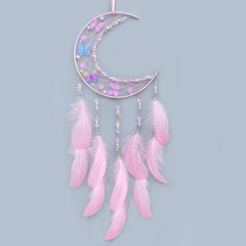 Acchiappasogni Lunari con Farfalle Decorazione Parete Camera da Letto Rosa