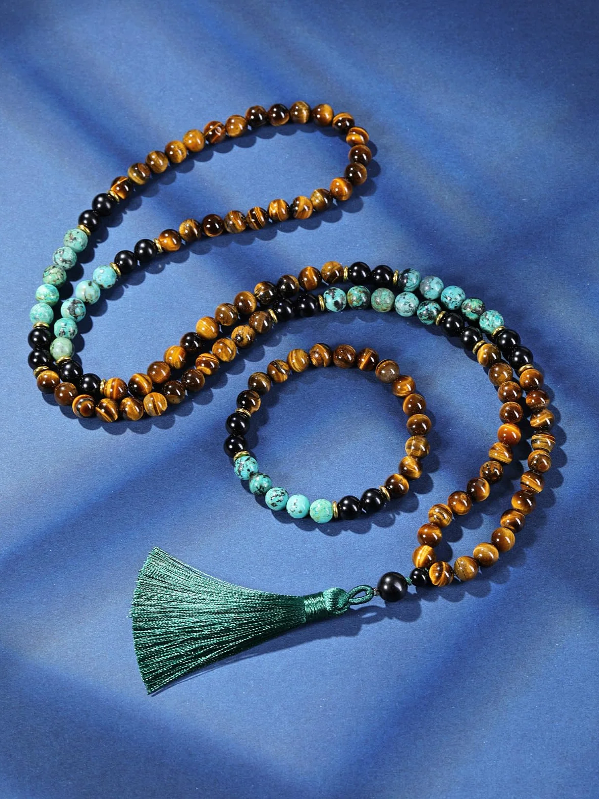 Jovivi Mala 108 Grani Collana Rosaria Tibetana in Pietre Naturali con Nappa Bracciale con Perline Cristalli Elastico per Donna Uomo Parure Preghiera 108 Perline Buddista Turchese Occhio di Tigre