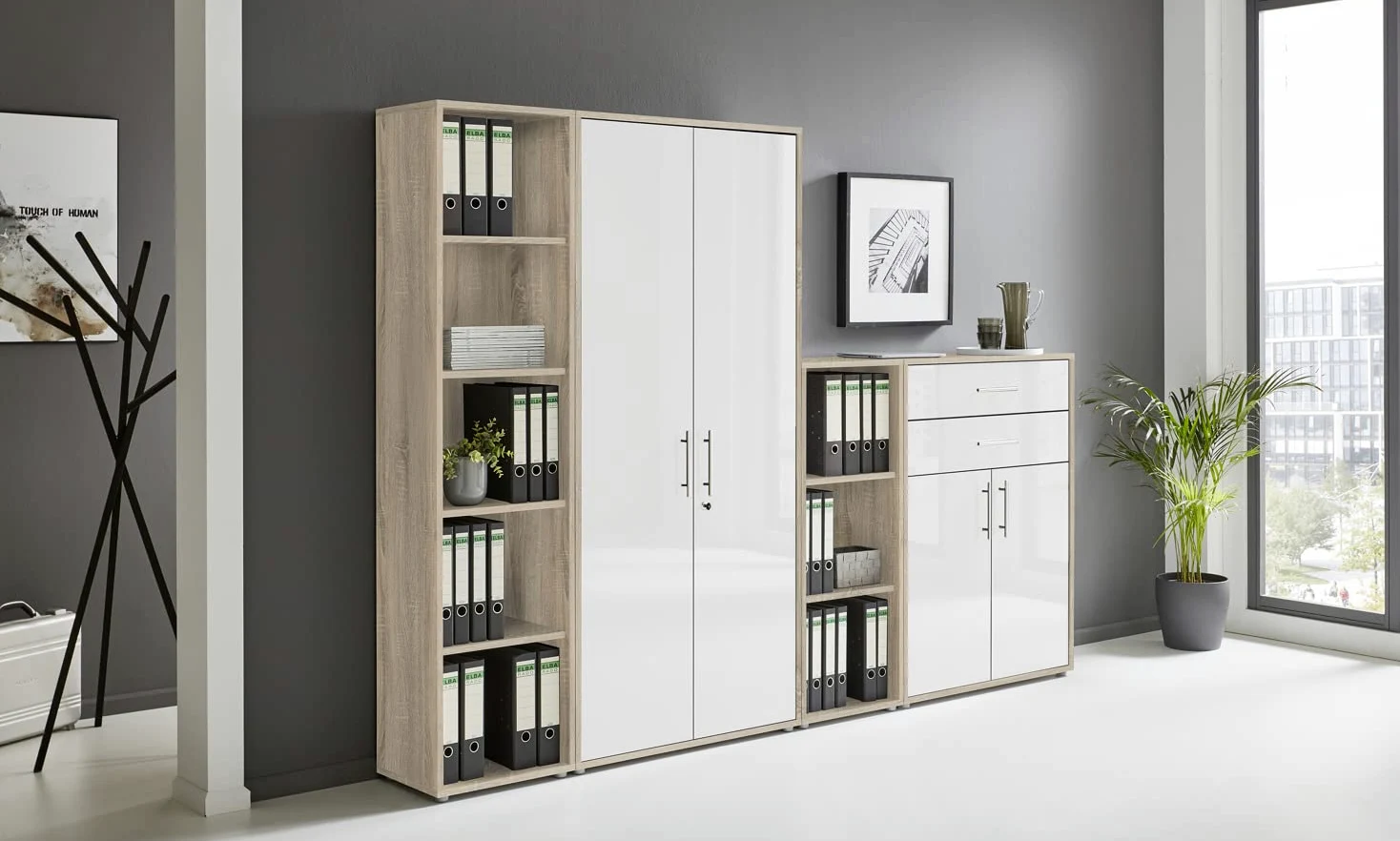 BMG Möbel Office Edition Set 22, armadietto da ufficio con serratura con manici in metallo, prodotto in Germania (rovere Sonoma/bianco lucido)