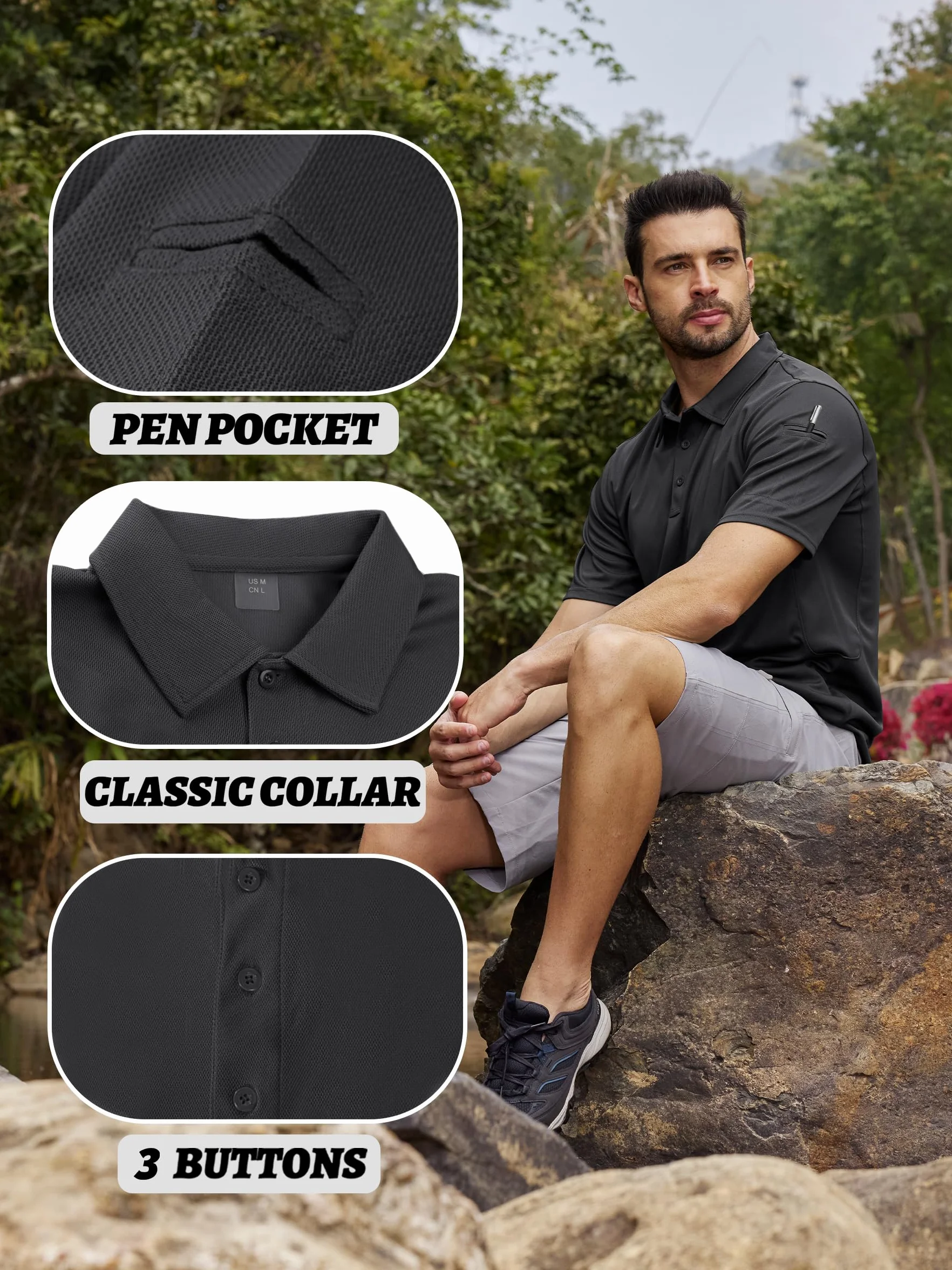 KEFITEVD Polo Shirts Uomo Manica Corta Golf Tshirts Asciugatura Rapida Army Tshirt Sport Outdoor Polo con Portaocchiali Leggera T-Shirt Estiva