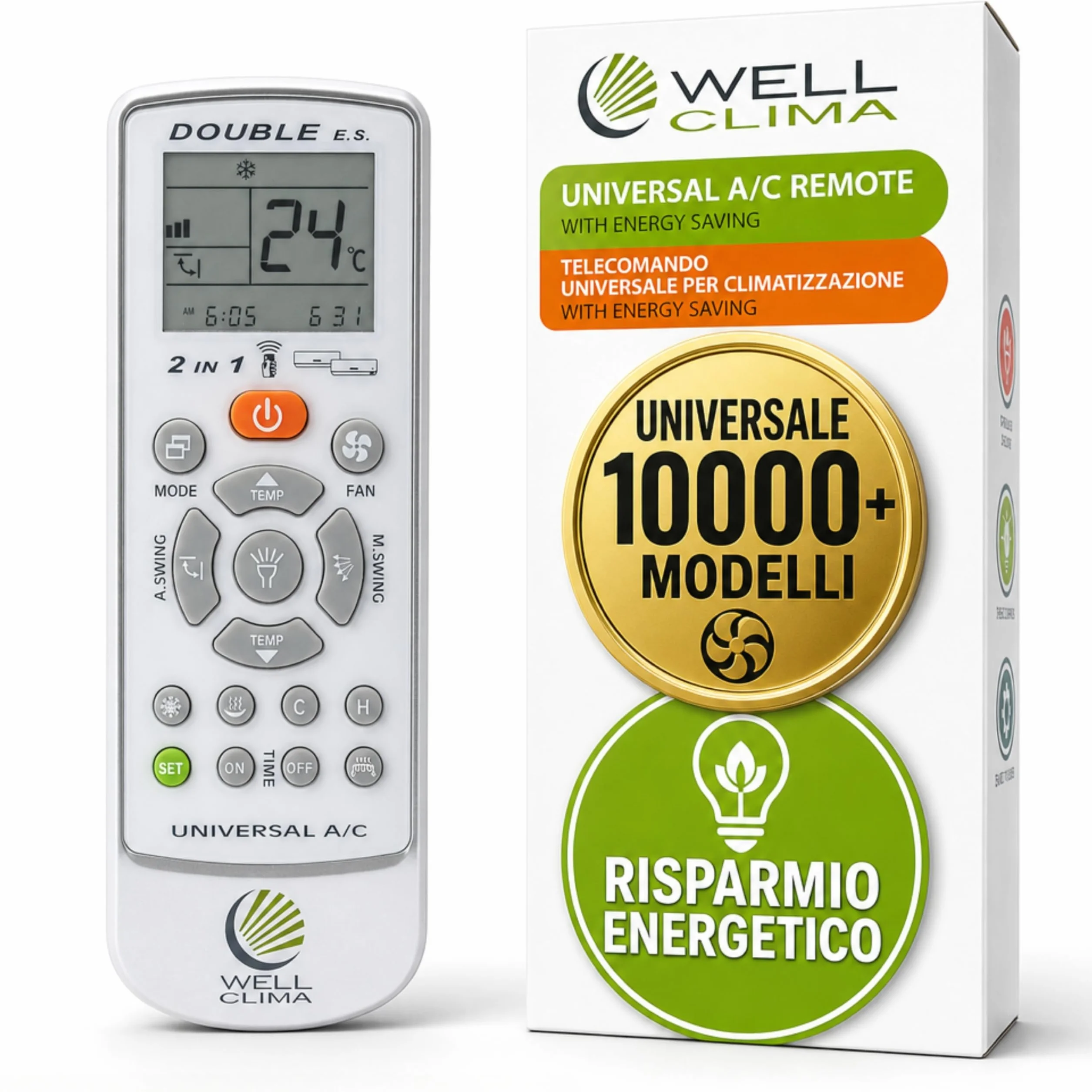 Wellclima Double E.S Telecomando Universale per Condizionatori Climatizzatori, Progettazione Italiana, Compatibile con 10000+ Modelli e 500+ Marche, Risparmio Energetico Anti Spreco, 2 in 1 Due Split
