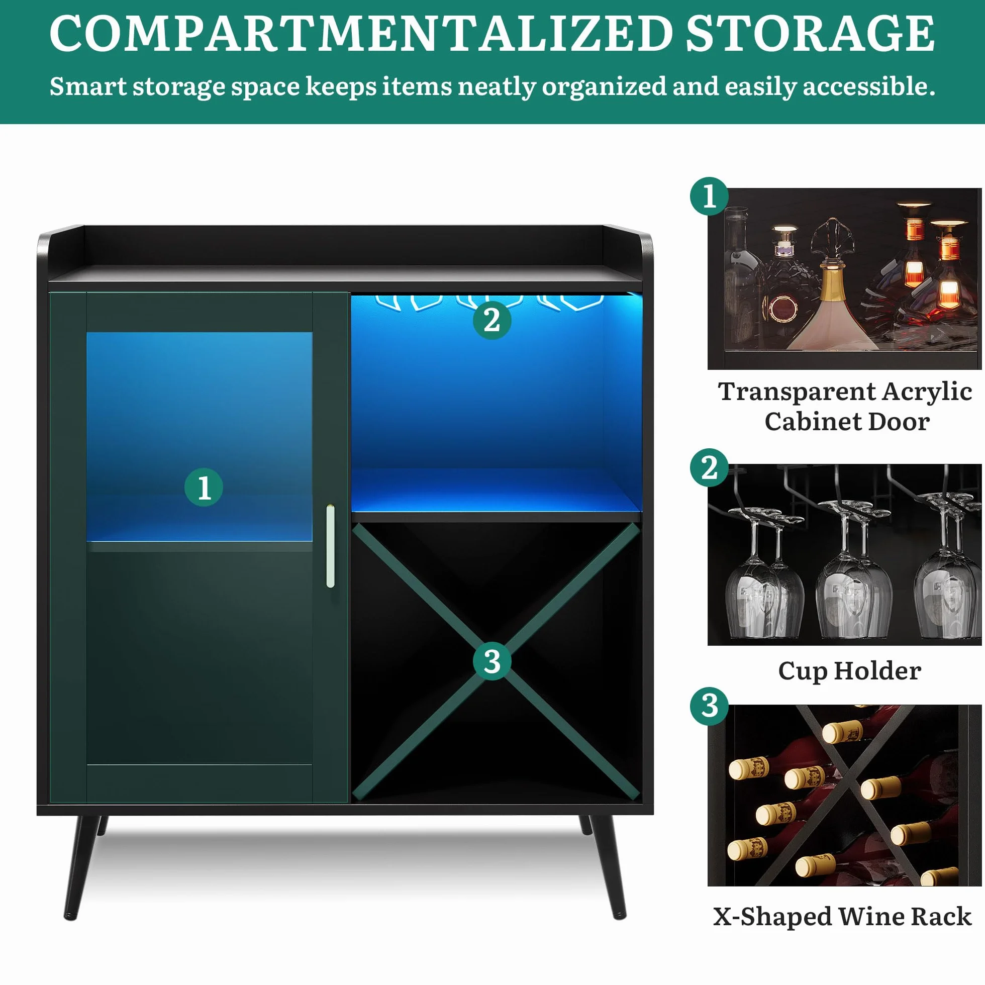 YITAHOME Piccolo mobile da bar con luci a LED, porta in acrilico e portabottiglie per vino, caffetteria con portabicchieri, credenza per casa, bar, sala da pranzo, soggiorno o cucina, nero