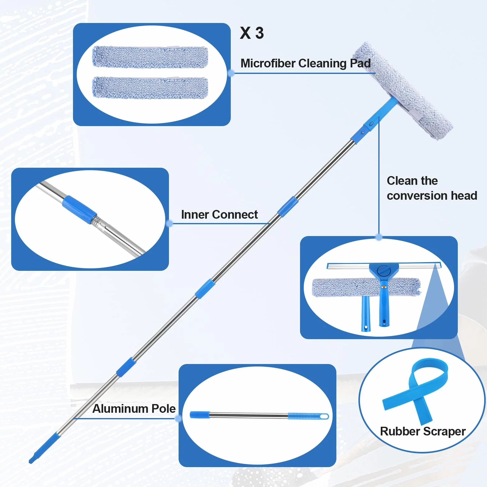 Lavavetri con Manico Telescopico, Tergicristallo 2 in 1 con Manico Lungo 300 cm, Kit per la Pulizia Delle Finestre con Testa Rotante e Panni Microfibra di Ricambio per Pareti di Vetro Bagno Auto