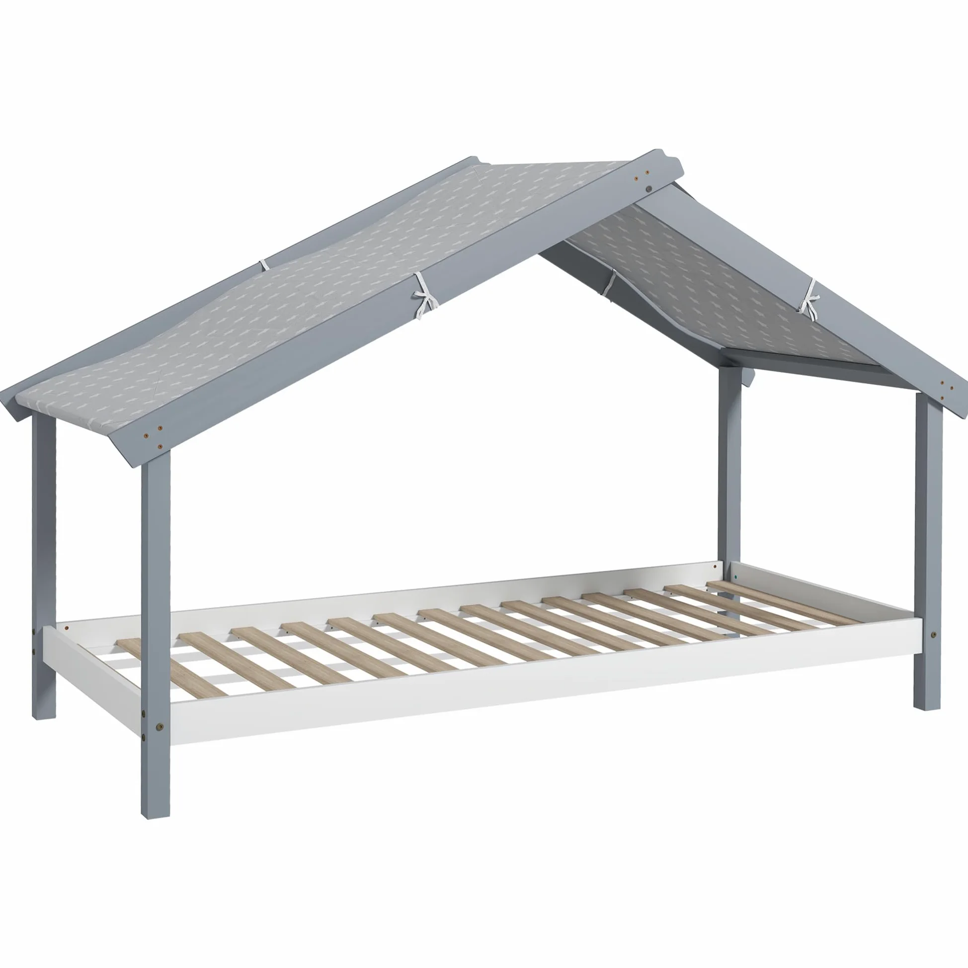 HOMCOM Letto Montessori per bambini a Casetta con Tetto Stellato, Letto per Bambini 90x190 cm per Cameretta con Struttura in Legno di Pino, 15 Doghe e Barriere di Protezione, Grigio