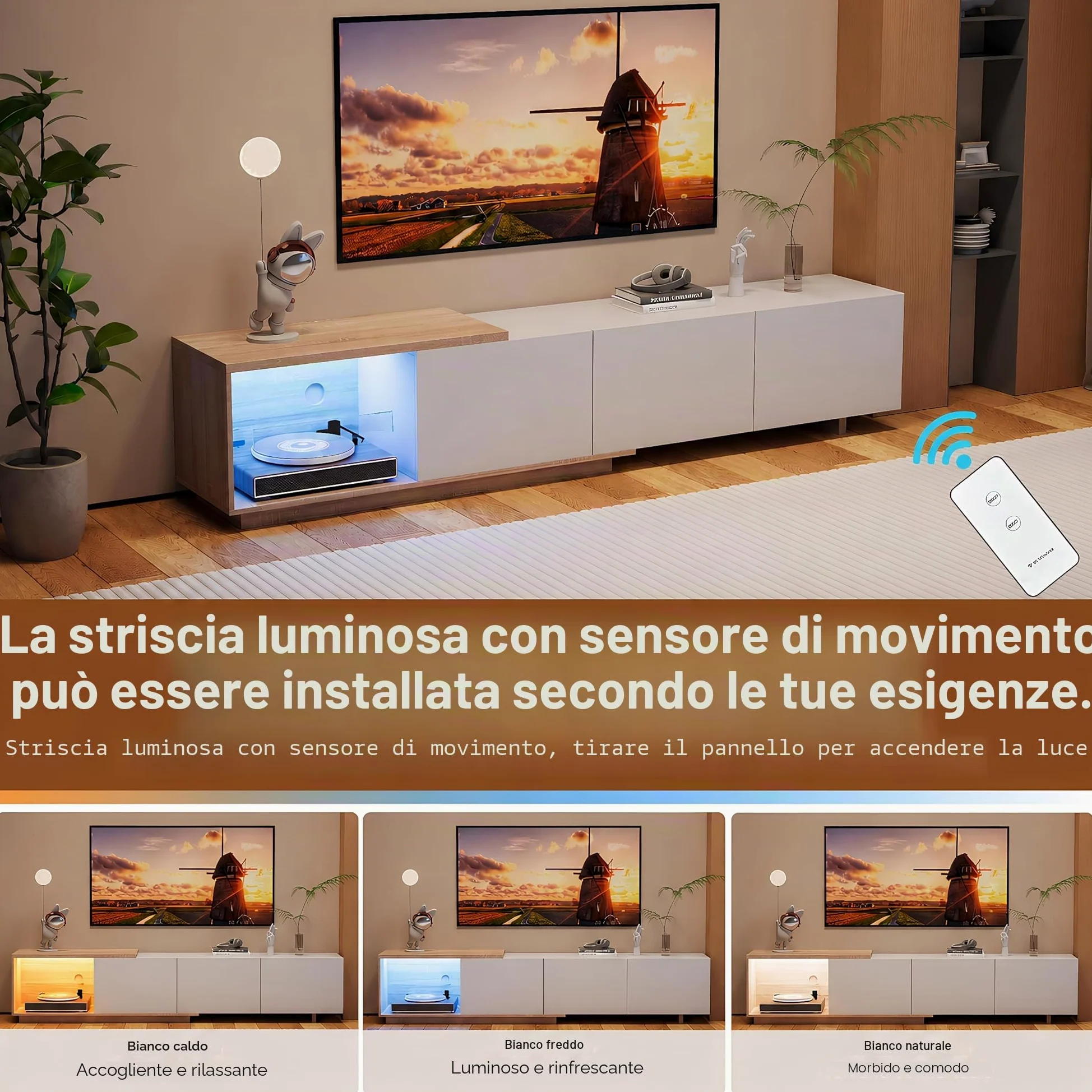 BRILVERDE Credenza TV Regolabile Moderna 163-240 cm, Bianco con Luci LED, 3 Cassetti - Mobile Soggiorno a Bassa Altezza, Finitura Lucida Effetto Legn (Bianco)