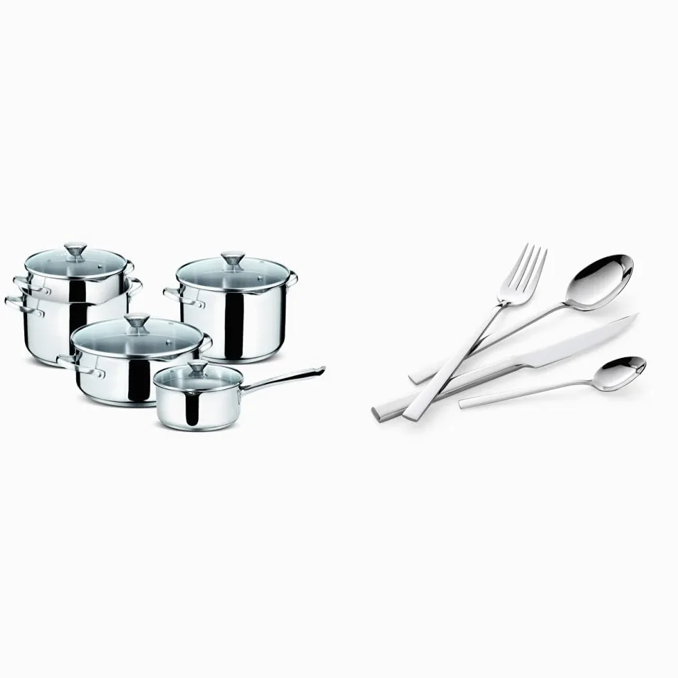 Lagostina Set Smart, Batteria Di Pentole Per Induzione, Acciaio Inossidabile, Grigio, 9 Pezzi & Giada Set Posate Per 6 Persone, Acciaio Inox 18/10, 24 Pezzi