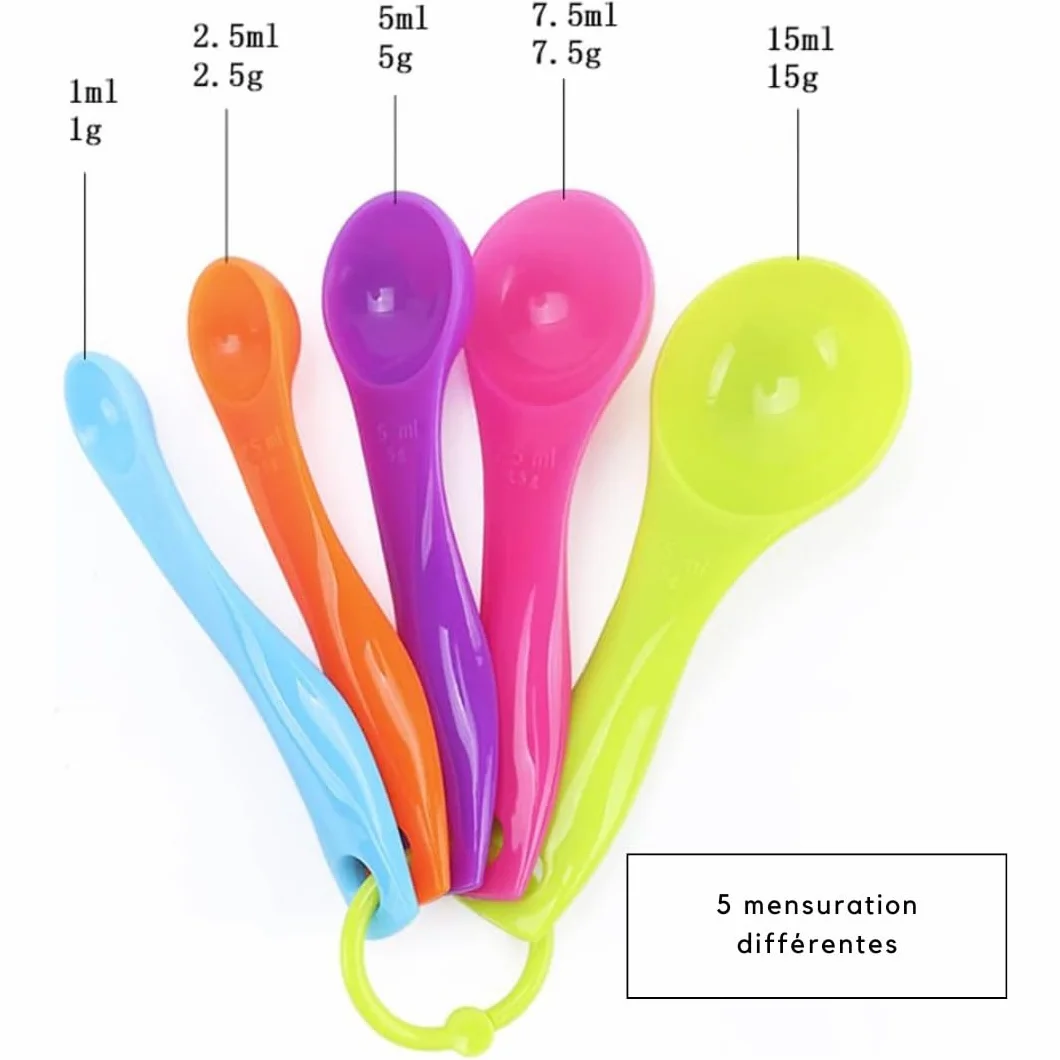 PARENCE.- Set di 5 misurini in plastica colorata - da 1 a 15 ml/g - Misurino da cucina e pasticceria con anello per appendere - Dispenser preciso