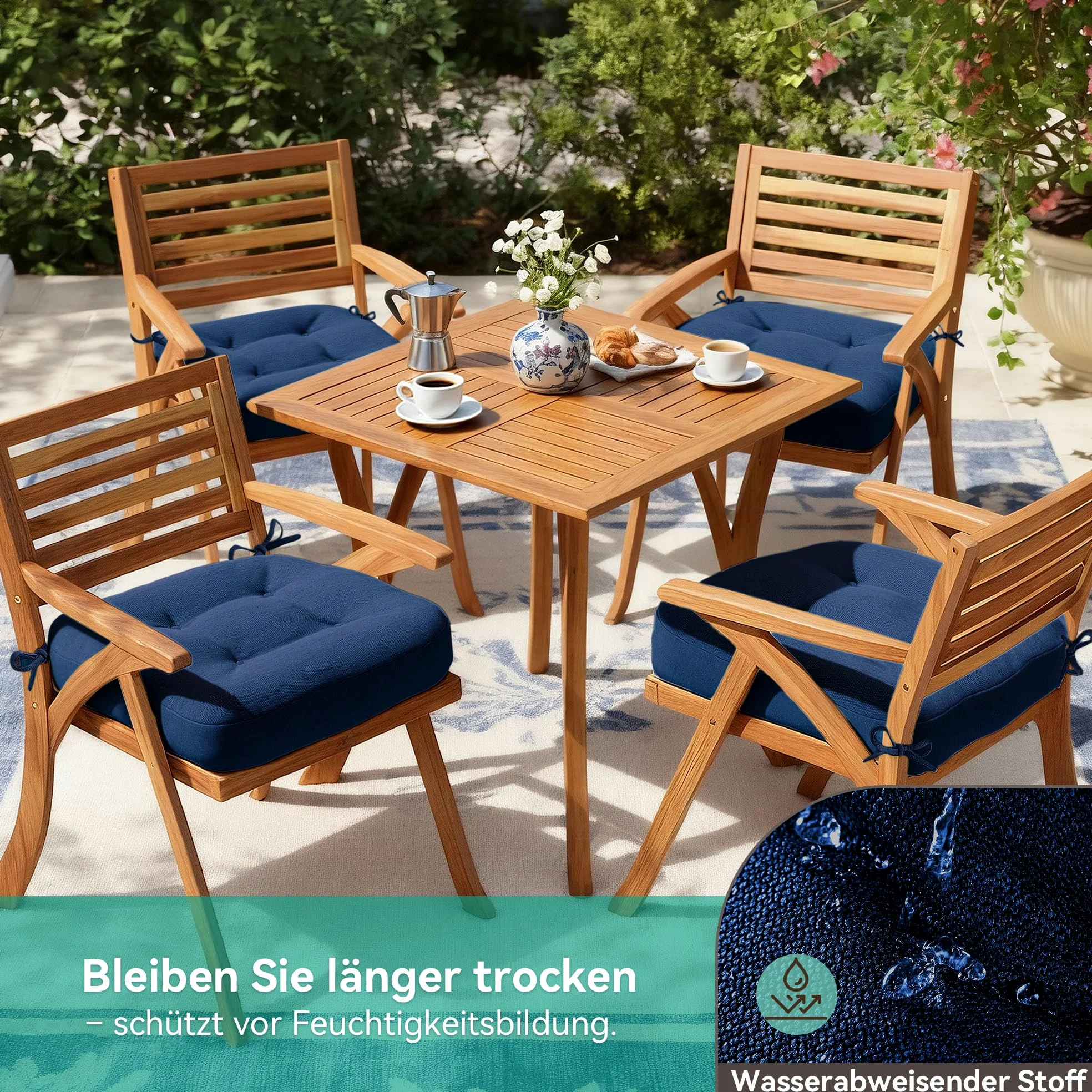 Codi Set di 6 cuscini per sedie da 40 x 40 x 8 cm, spessi, comodi cuscini per sedia con fodera resistente all'acqua, lavabili, antiscivolo, per sedie da esterno e giardino, colore blu navy