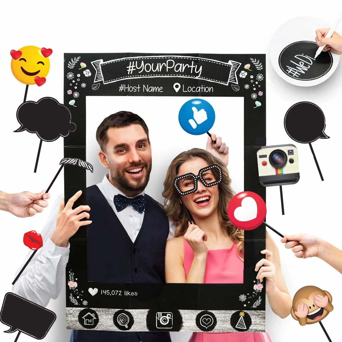 Cornice selfie cabina fotografica vintage per feste Instagram con Emoji e fumetti