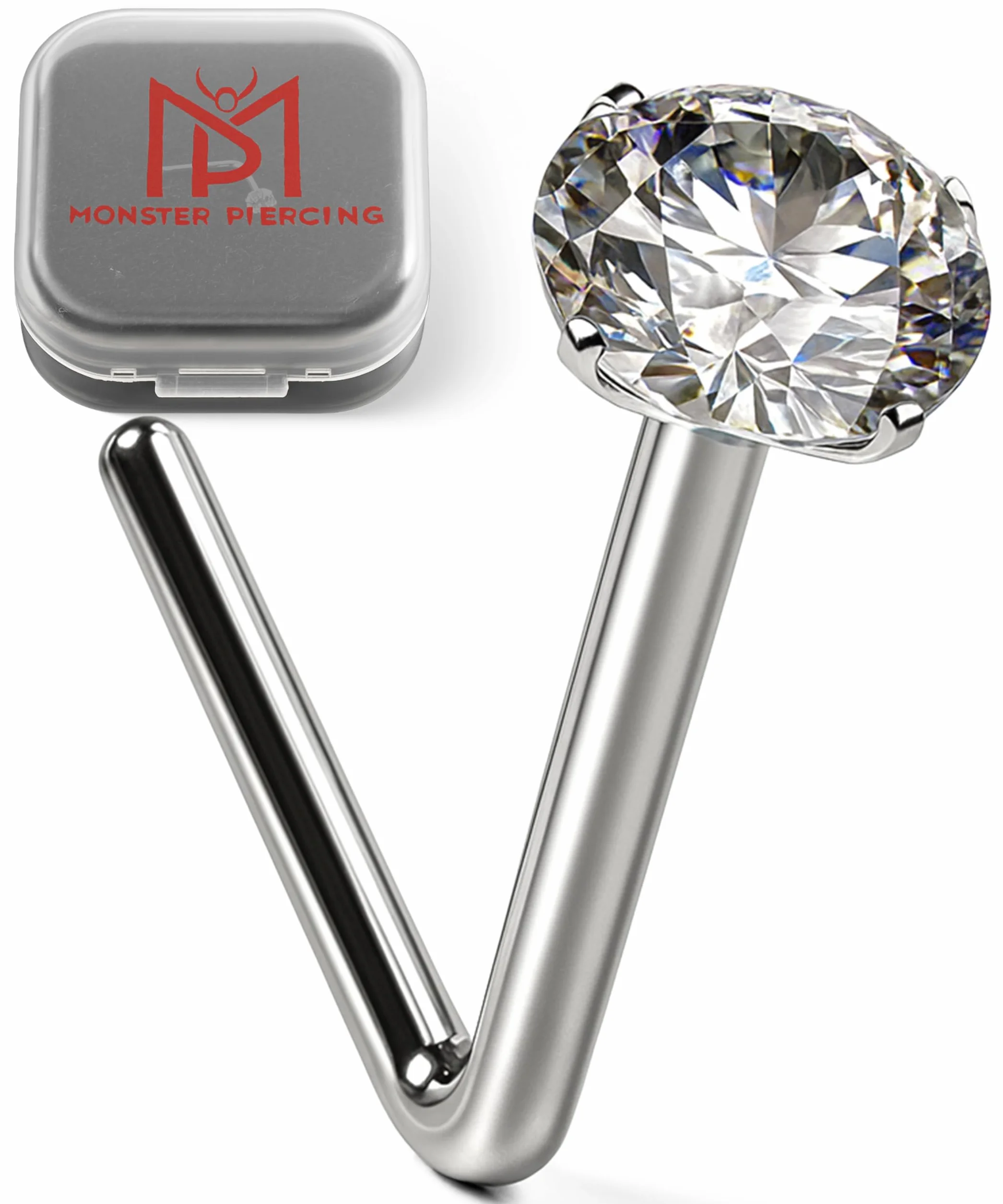 Perno del naso Piercing in Oro Bianco 9k con CZ Rotondo Forcone L Bend