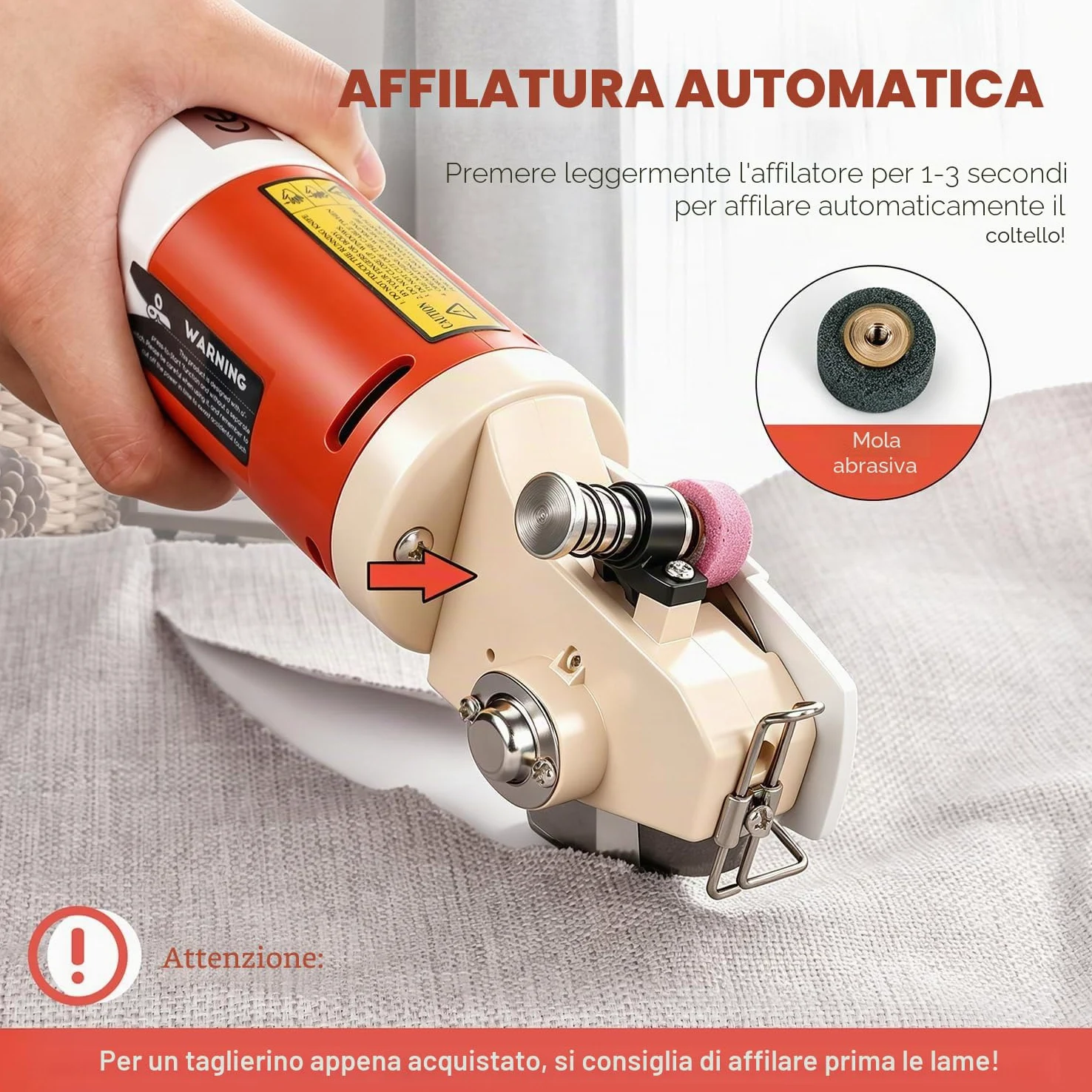 CGOLDENWALL Forbici Elettriche per Tessuti 170W con Rotella di Affilatura Automatica, 1 Lama di Ricambio da 22mm (0,87 pollici) max. Taglio per Pelle, Cartone, Moquette YJ-65