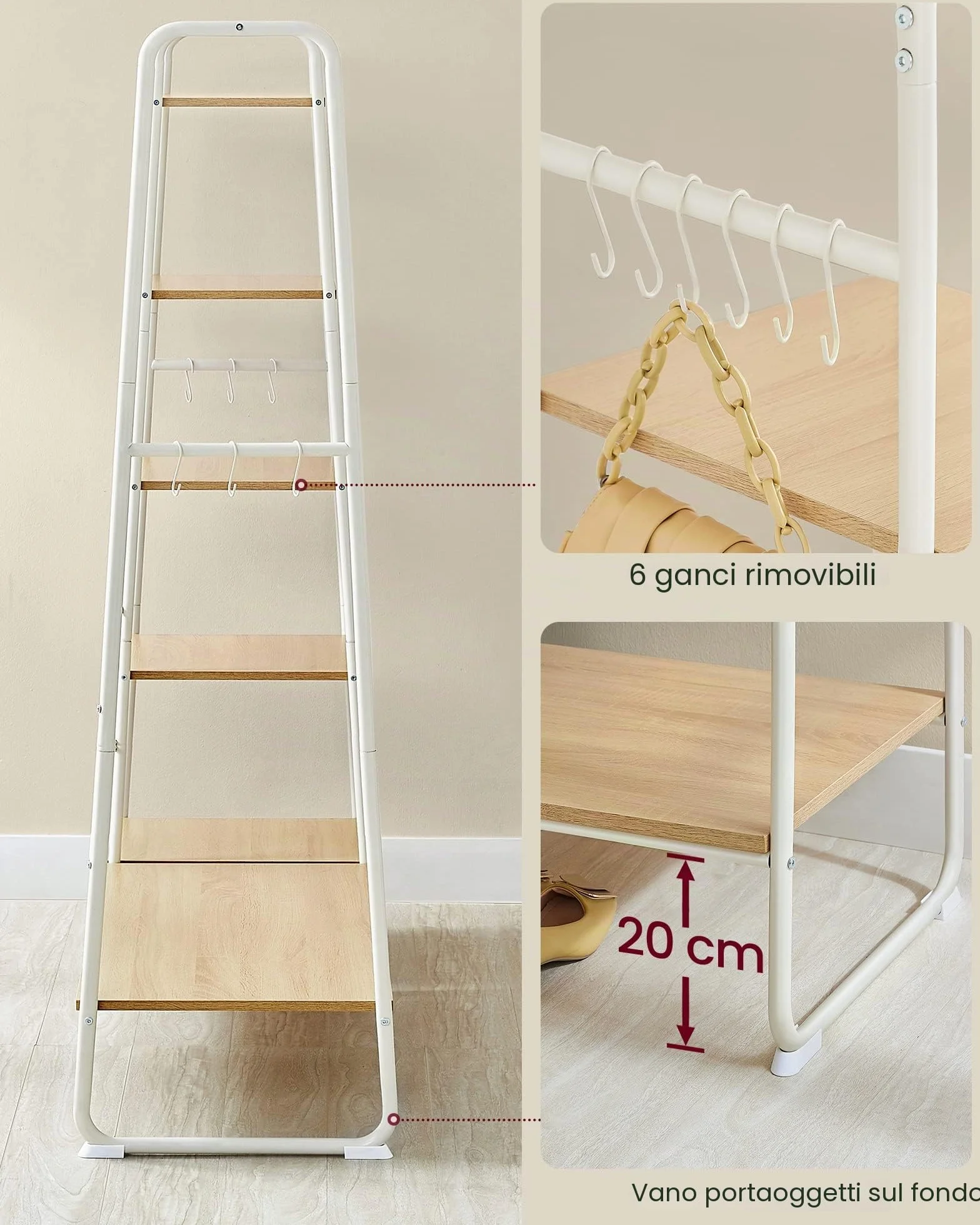 VASAGLE Appendiabiti da Terra con Scarpiera, 5 Ripiani, 6 Ganci Laterali, Rovere e Bianco Opaco RGR116W09