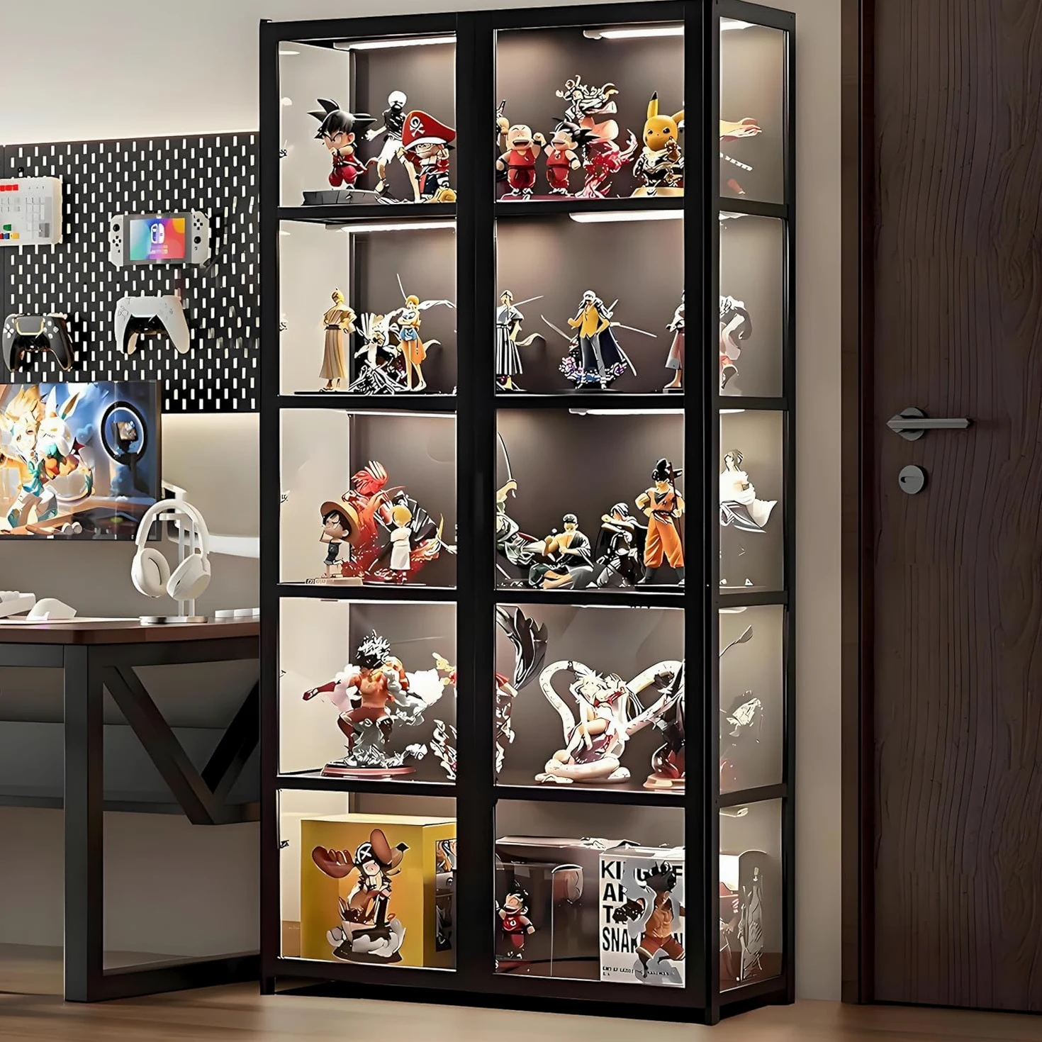 Vetrina anta vetro acrilico, vetrina 5 ripiani, organizer giocattoli collezione, libreria camera da letto, angolo lettura, bambini, bambù (porta a foglio nero)