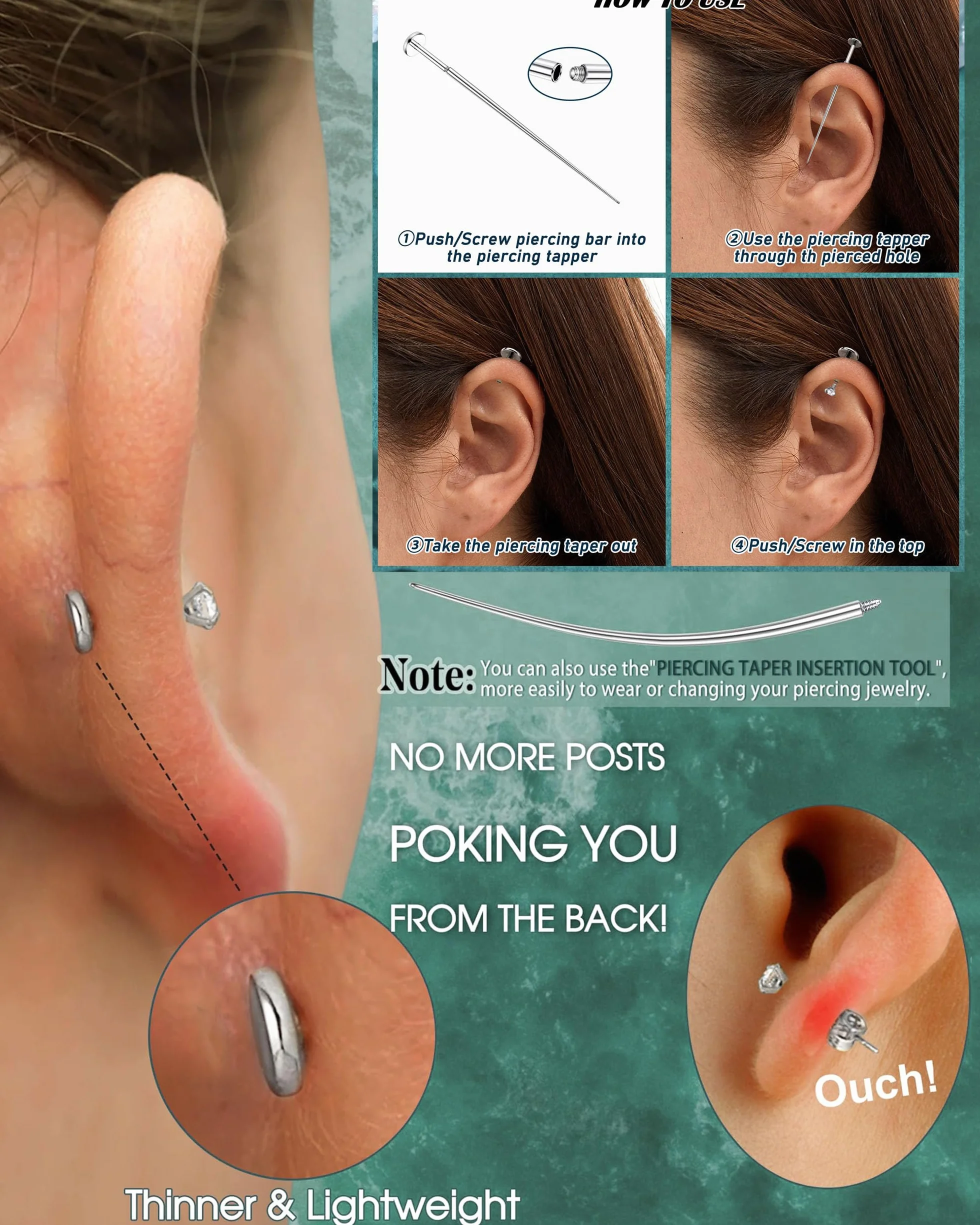 YADOCA G23 Titanio Piercing Orecchio Helix Filettato Internamente Ipoallergenico - Argento Oro