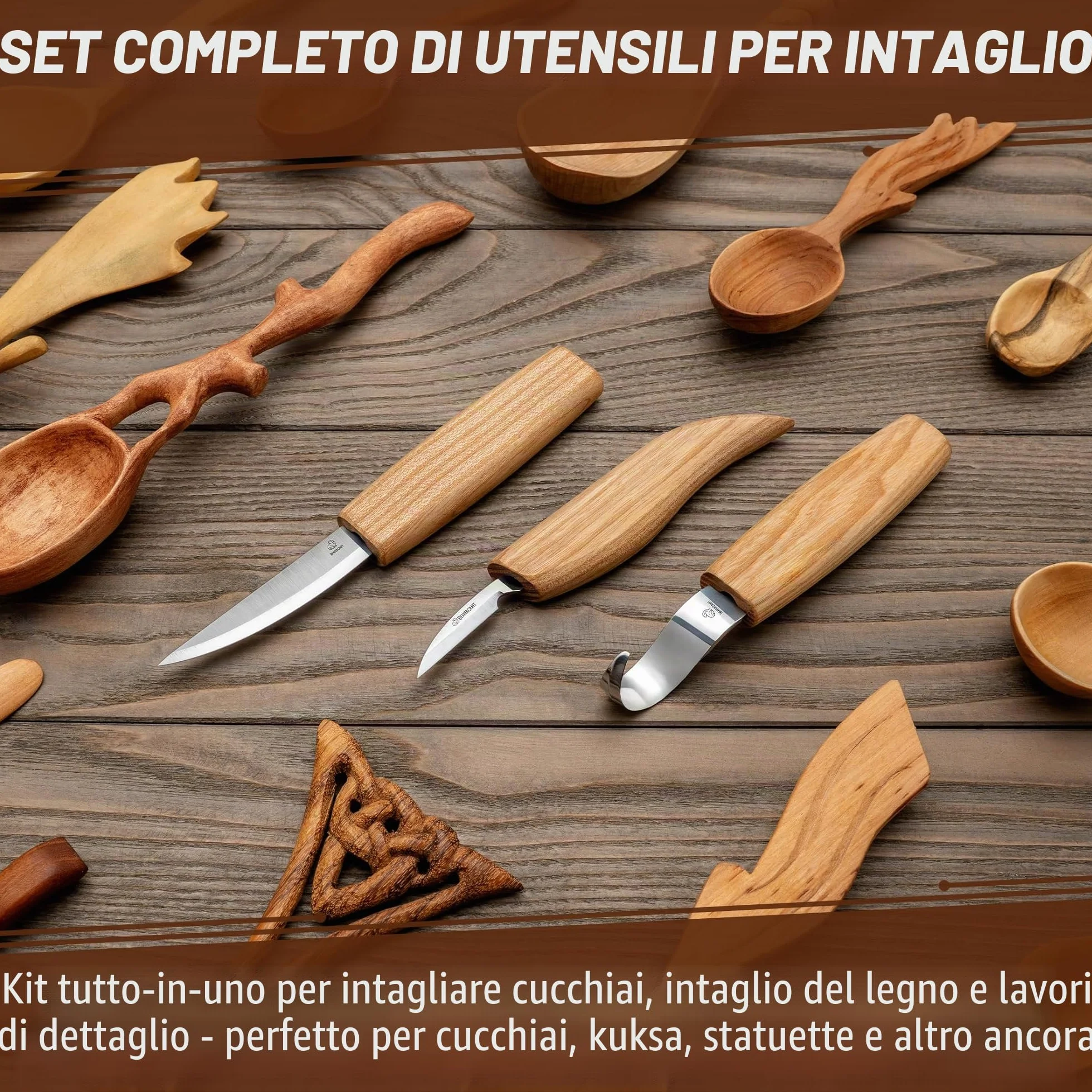 BeaverCraft S13 Kit per intaglio del legno con 3 coltelli - Set utensili per cucchiai, scultura e falegnameria, per principianti destrimani, con coltello a uncino