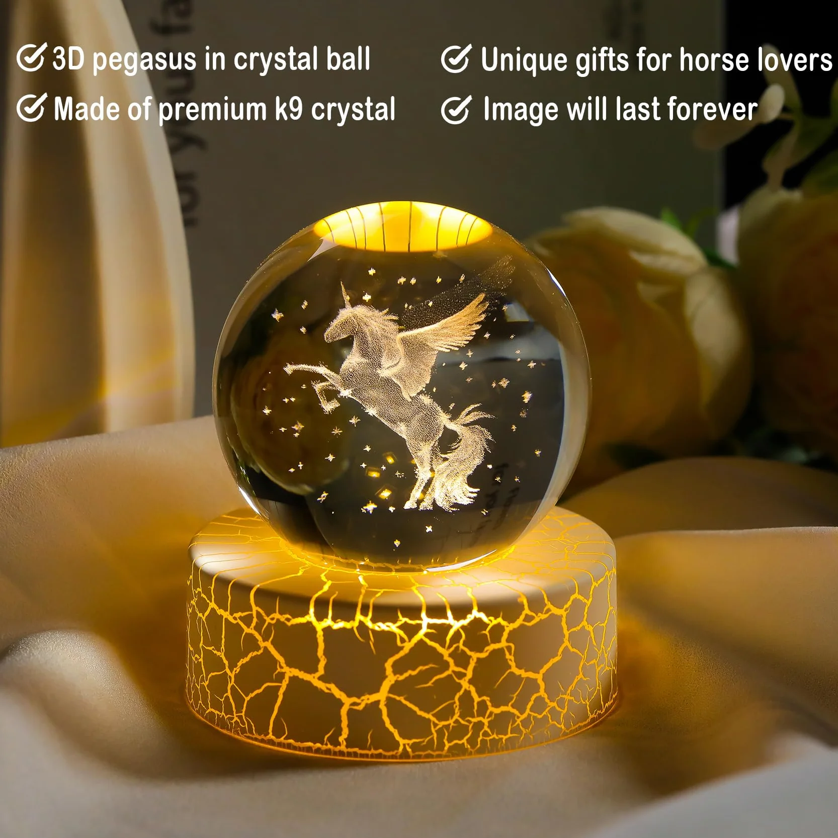 Movdyka Statuetta di cavallo volante in 3D con sfera incisa in cristallo, 6 cm, con luci calde