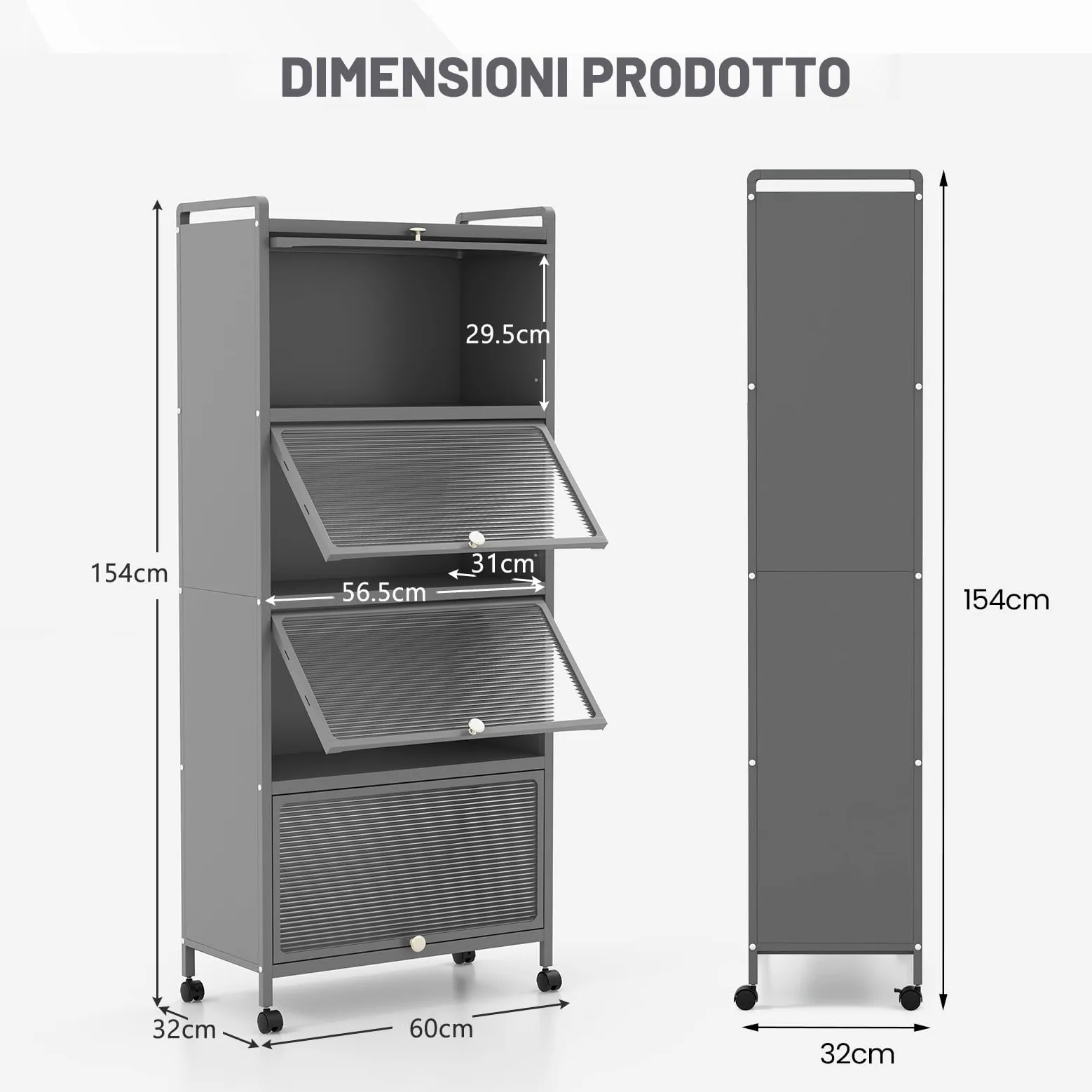 KOMFOTTEU Mobile Dispensa Cucina a 5 Livelli, Mensola Microonde con Anta a Vista, Ruote, Dispositivo Antiribaltamento, Scaffale da Cucina in Ferro per Soggiorno, Sala da Pranzo, 60x32x154cm (Grigio)