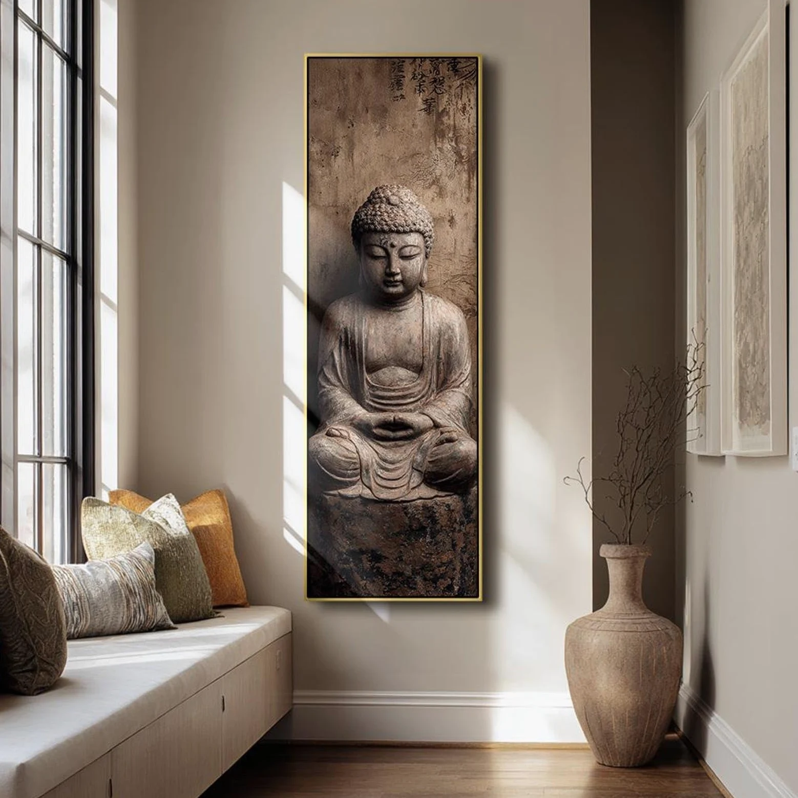 XINBAO Quadro su tela per studio di yoga, arte da parete alta e stretta per la meditazione, decorazione murale zen, pezzo d'effetto slanciato, dipinto di Buddha (60x180 cm/cornice interna)