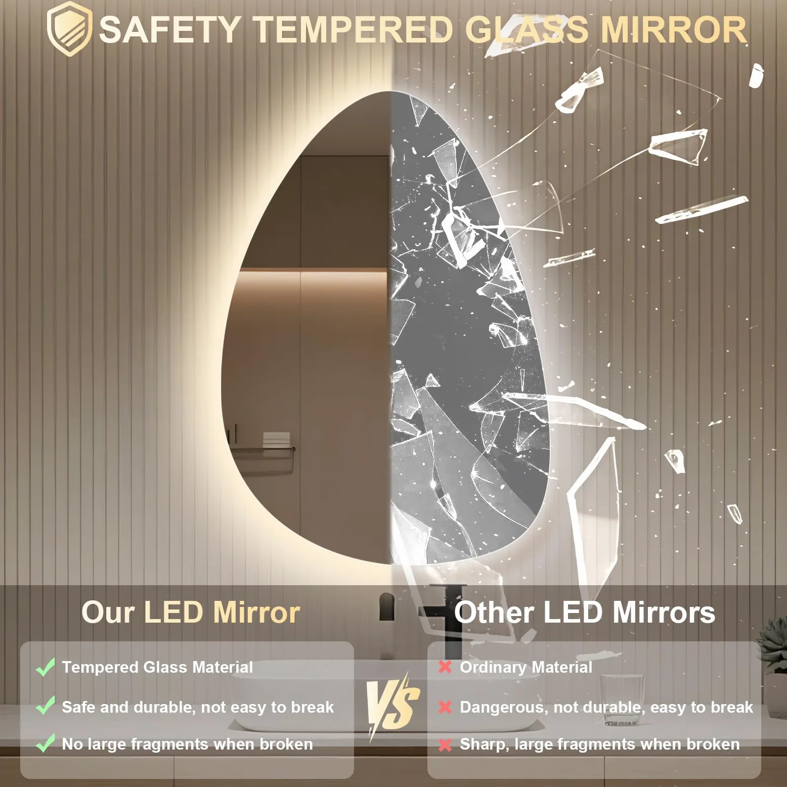 Specchio Bagno con Luce, LED Specchio Ovale da Parete, Smart Mirror, Antifog, Dimmerabile 3 Colori, Vetro Temperato HD, Orizzontale/Verticale (Irregolare, 80 x 55 cm)
