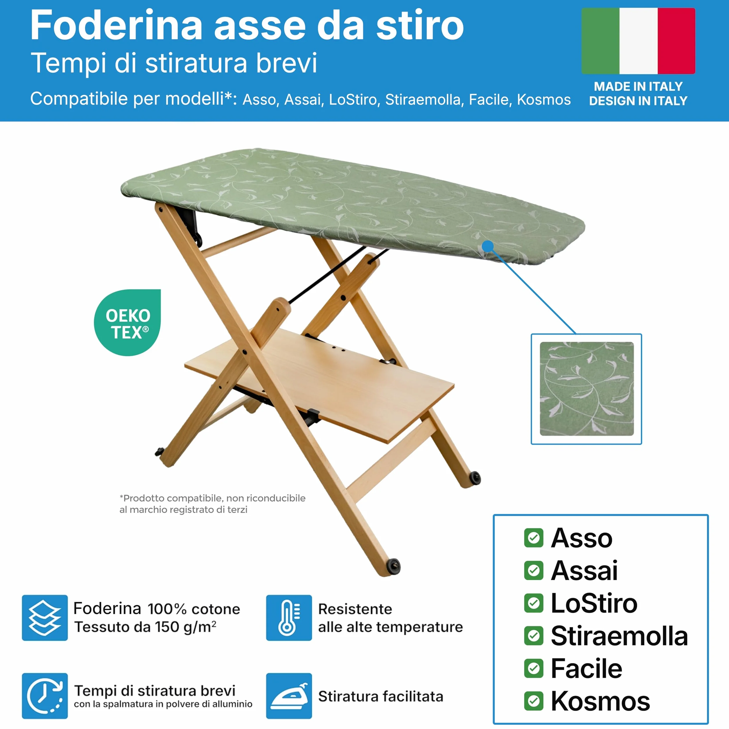 Copertina per Asse da Stiro, Compatibile con Foppapedretti, Colore Argento/Verde, Copriasse da stiro , copertura asse da stiro con Elastico, Tessuto 100% Cotone, 115 x 63 cm, Made in Italy