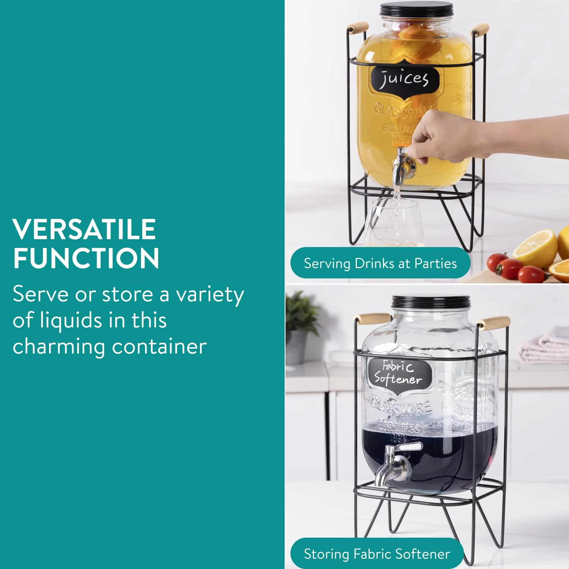 Dispenser per Bevande in Vetro 5 Litri Navaris - Distributore Acqua con Rubinetto e Supporto in Ferro