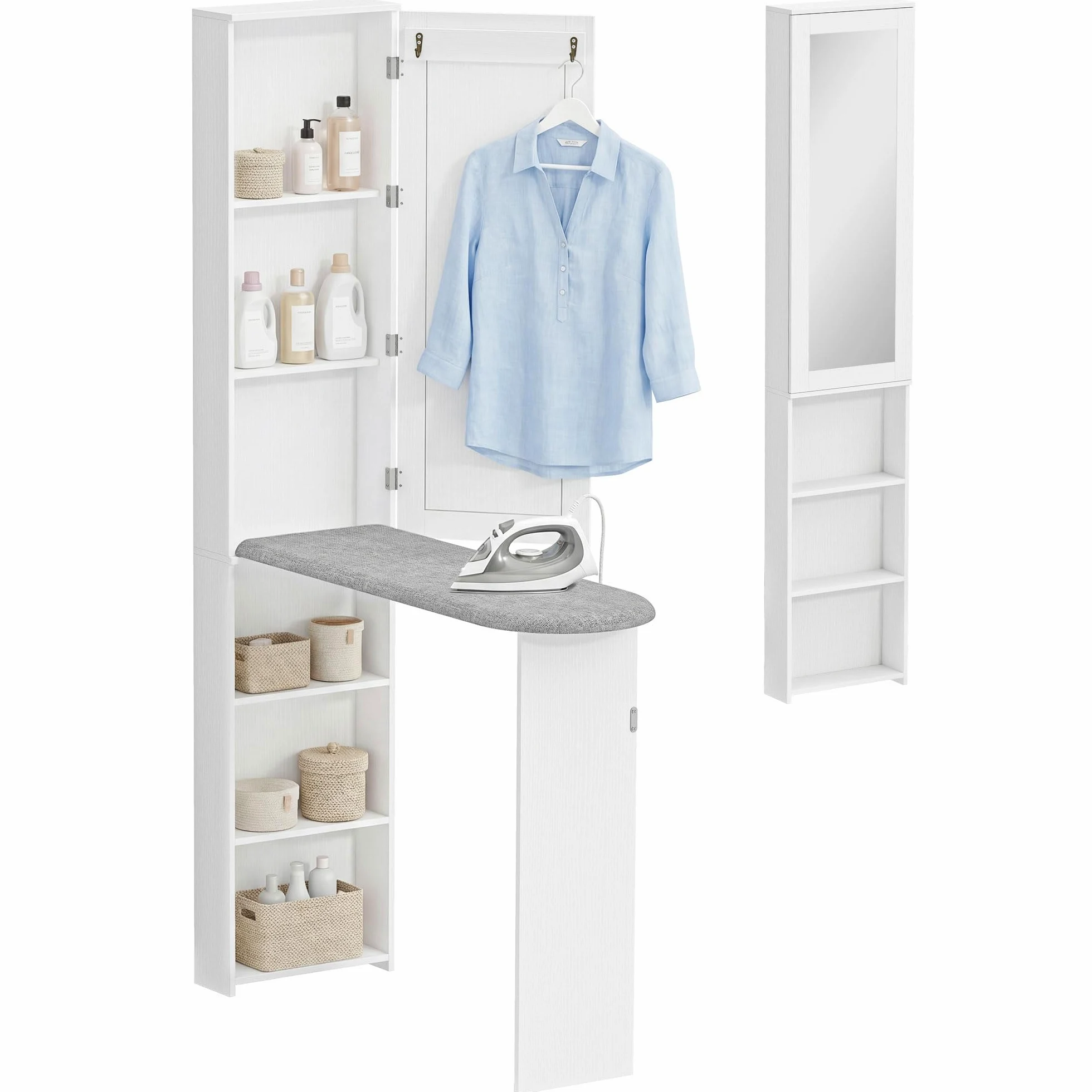 HOMCOM Armadietto pieghevole per asse da stiro con porta, scaffali interni, specchio, salvaspazio, per la cura della biancheria, per lavanderia o piccoli spazi, 106 x 35 x 174 cm, bianco