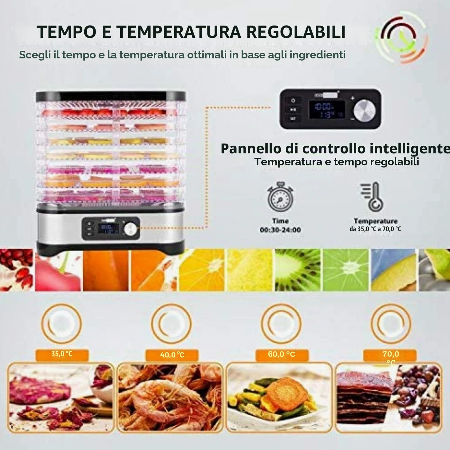 Nictemaw Essiccatore automatico da 400 W, Essiccatore per alimenti con 8 Pallet, Essiccatore per carne, frutta e verdura, temperatura regolabile 35-70 ℃, Argento Nero