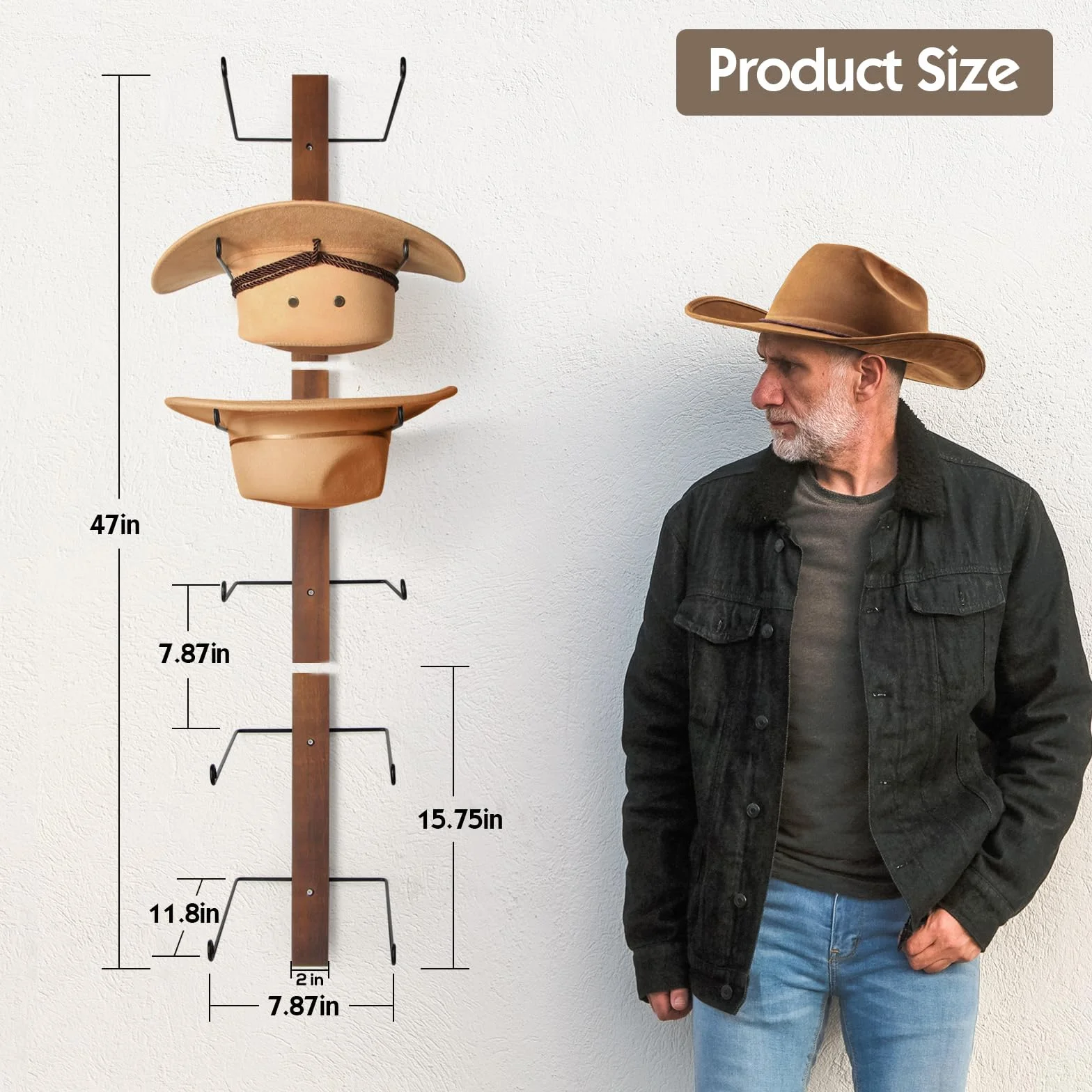 Porta Cappelli da Cowboy 6 Pezzi Bordo Legno Organizer Parete Metallo