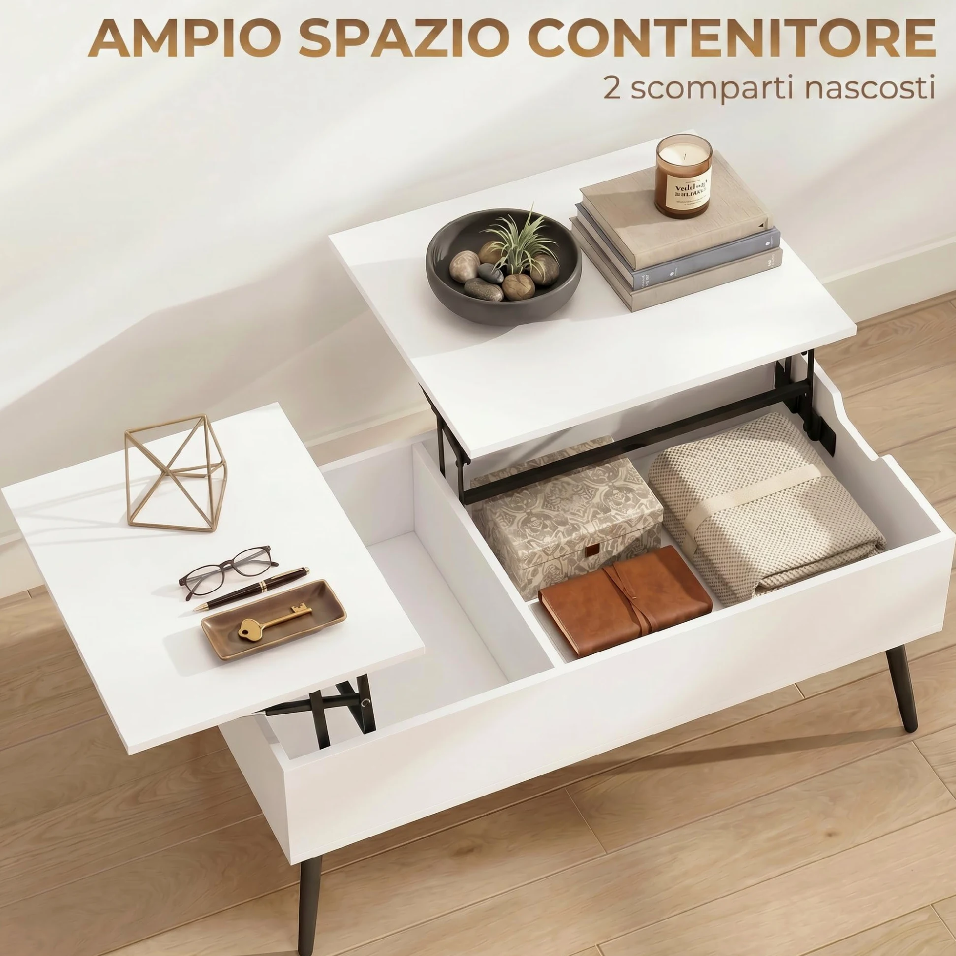 HOMCOM Tavolino da Caffè Sollevabile Salotto 100x50x43.6-58 cm Bianco | Doppio Piano, Vano Nascosto, Gambe in Metallo, Soggiorno Casa Ufficio