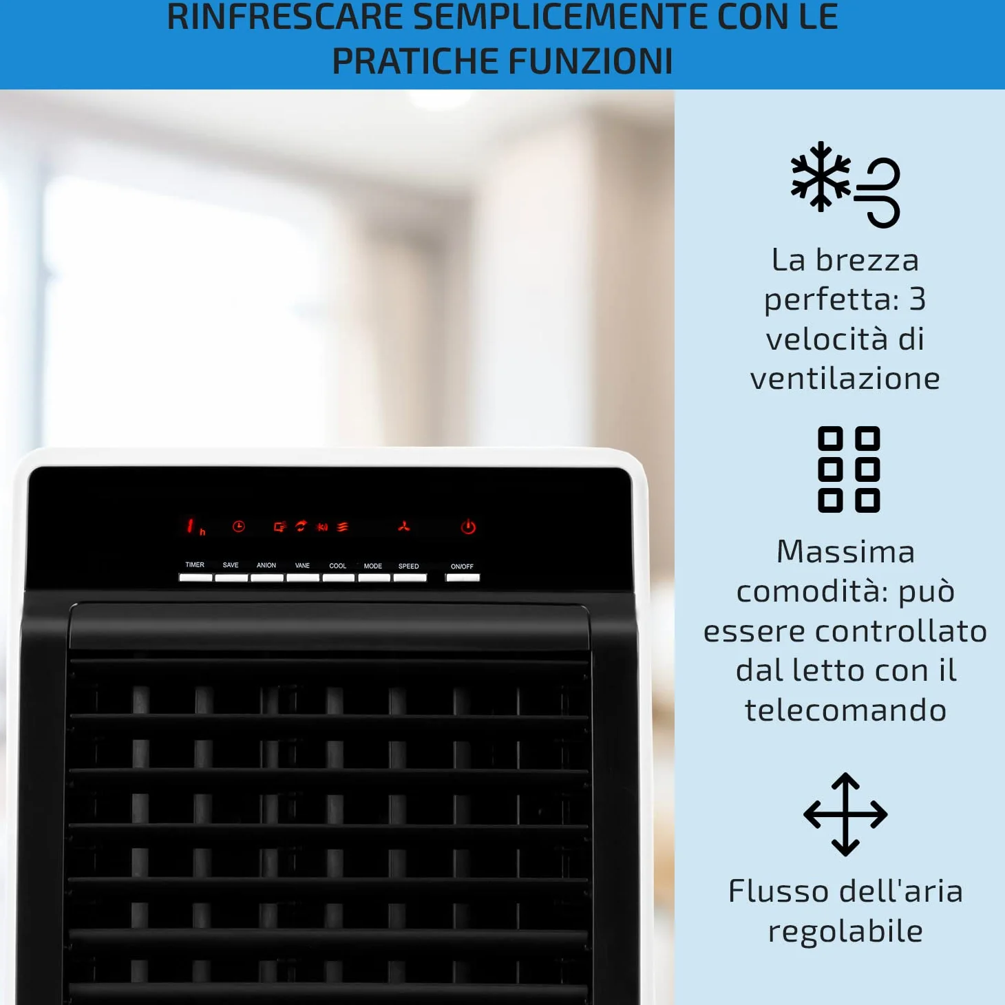 OneConcept Condizionatore Portatile Senza Tubo 65W 4 in 1, Umidificatore, Climatizzatore Portatile, Ionizzatore per Casa/Ufficio, Ventilatore Aria Fredda, Raffrescatore d’Aria 360m³/h, Serbatoio da 8L