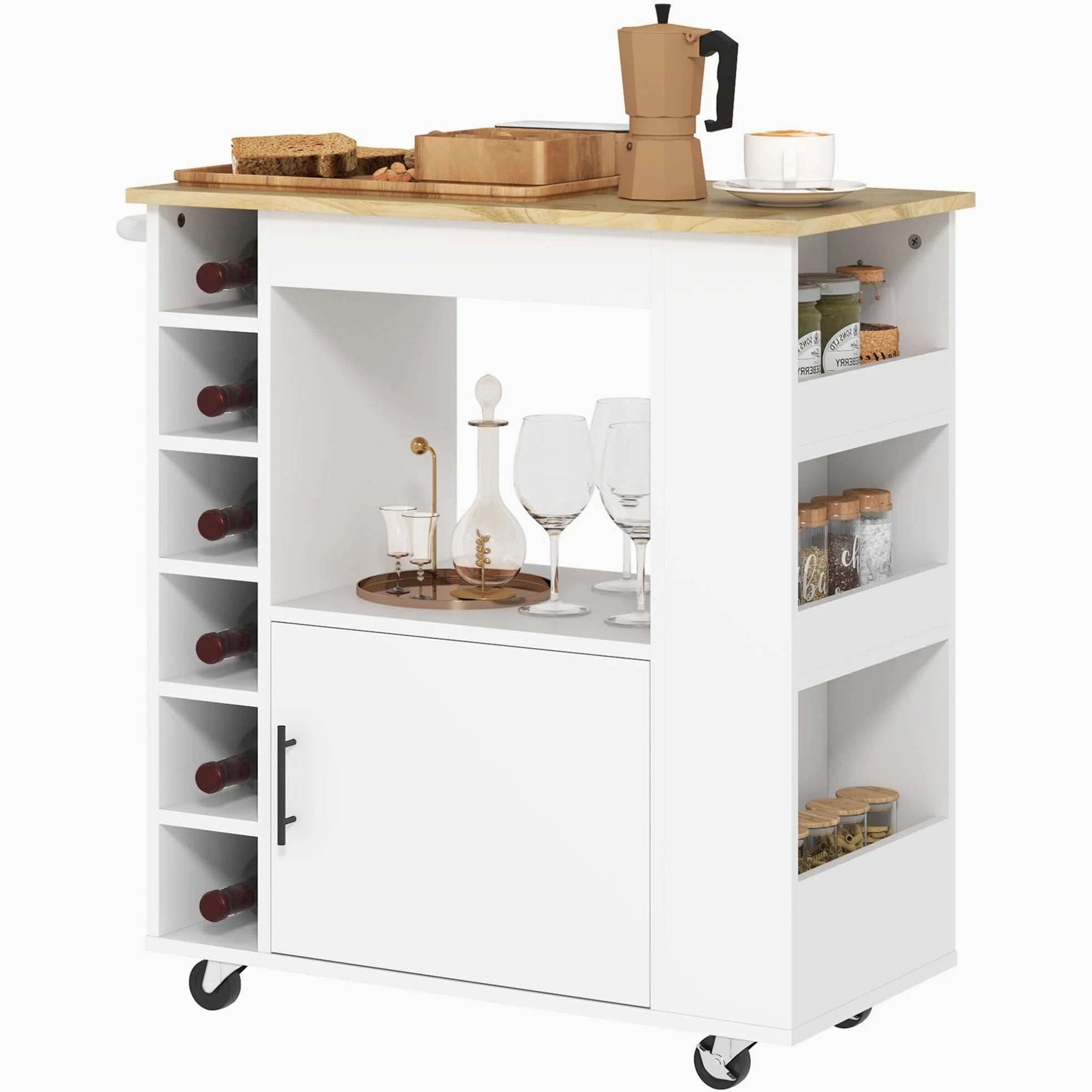 HOMCOM Carrello da Cucina con 6 Portabottiglie, 3 Ripiani Laterali e Armadietto con Cerniere Ammortizzate, Mobiletto Cucina con Portasciugamani e Piano in Legno di caucciù, 83x40x83cm, Rovere