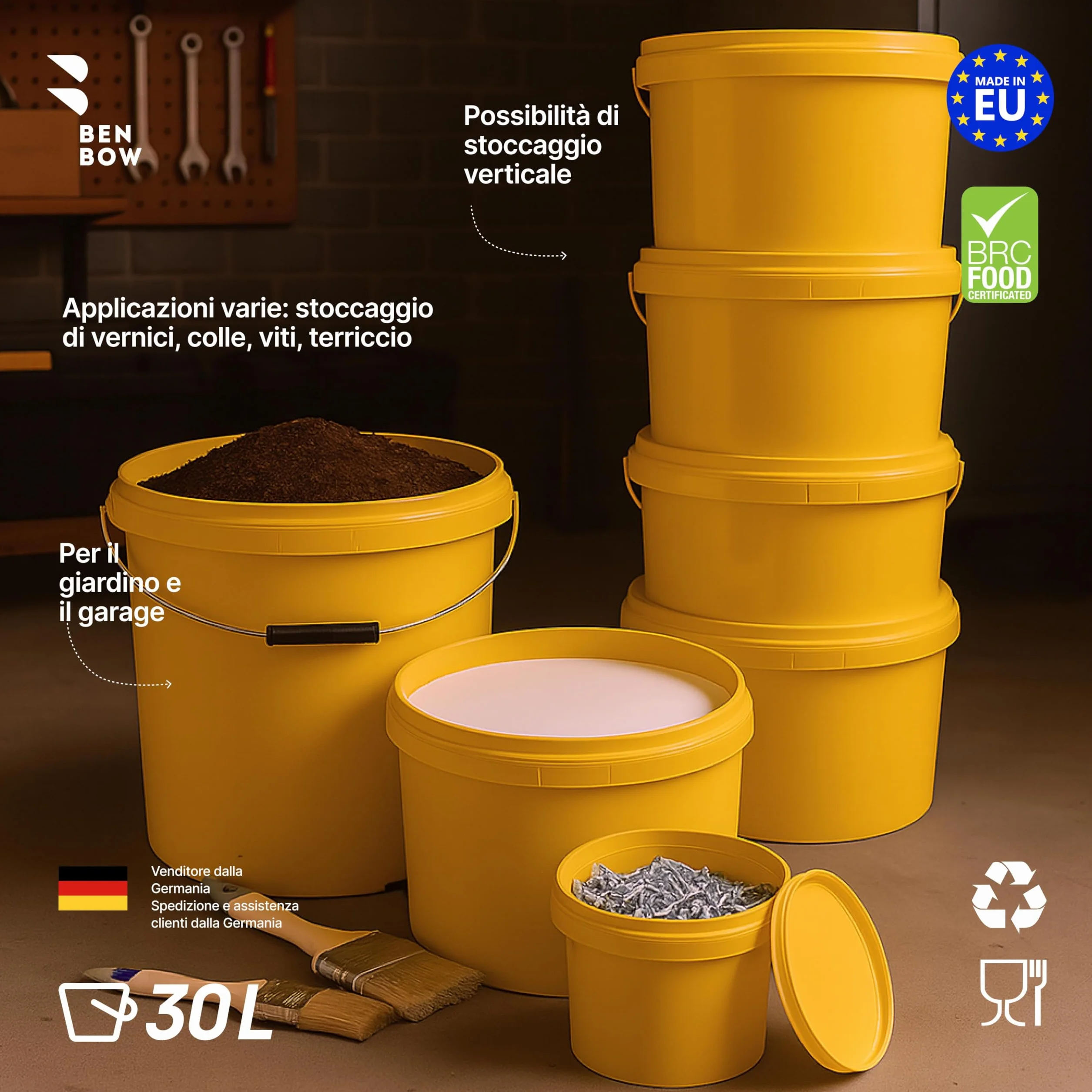 BenBow Secchio con coperchio, 30 l, giallo, 1 x 30 litri - Alimentare stabile ermetico a prova di perdite neutro inodore contenitore in plastica con manico in metallo vuoto - per uso domestico