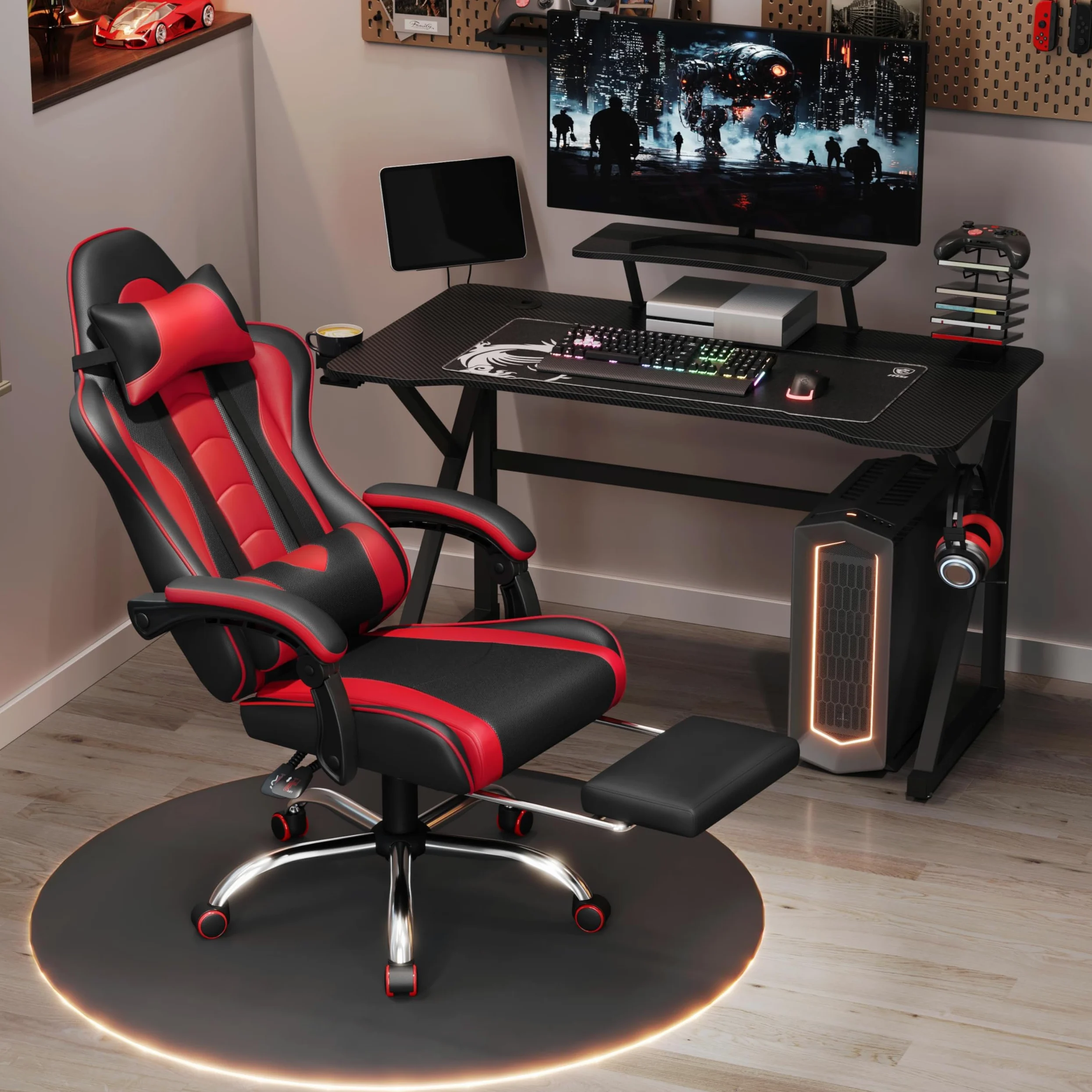 Yaheetech Sedia Gaming Ergonomica Massaggiante Reclinabile con Poggiapiedi Poggiatesta e Supporto Lombare Braccioli Imbottiti in Finta Pelle, Poltrona Gamer da Scrivania con Ruote Girevole Rosso