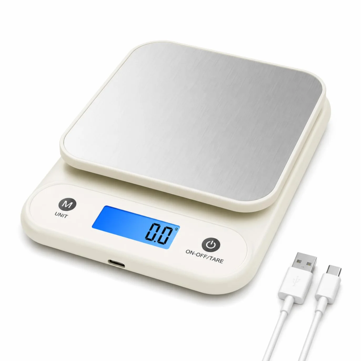 Meilen Bilancia da Cucina Digitale 11 LB/0.1 OZ, Bilancia di Precisione 5 KG / 0.1 G per cucinare e cuocere al forno, Batteria al litio integrata da 300 mAh, Ricarica di tipo C, Bianca