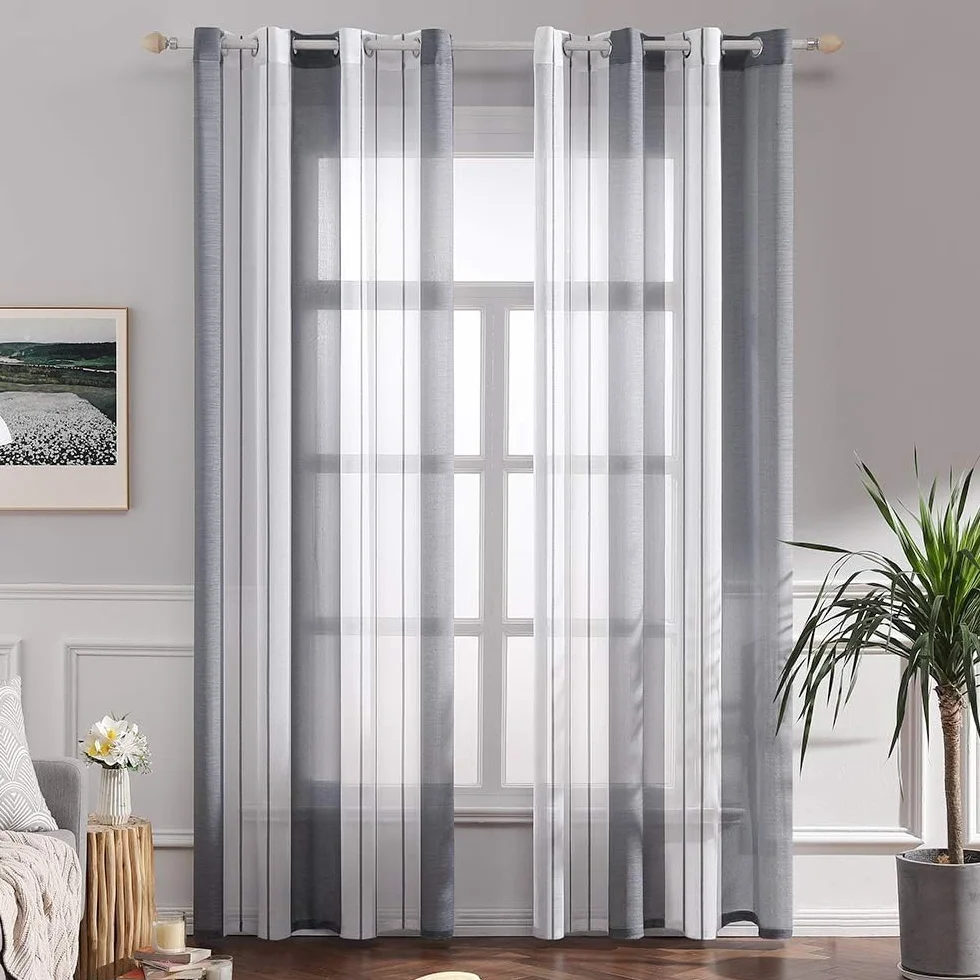 MIULEE Tende a Righe per Interni, Tende Trasparenti in Voile Tende Camera da Letto, Tenda Salotto Moderne con Anelli, Tenda a Pannello da Interno Finestra a Righe Bianche e Grigie, 2x 140270x CM