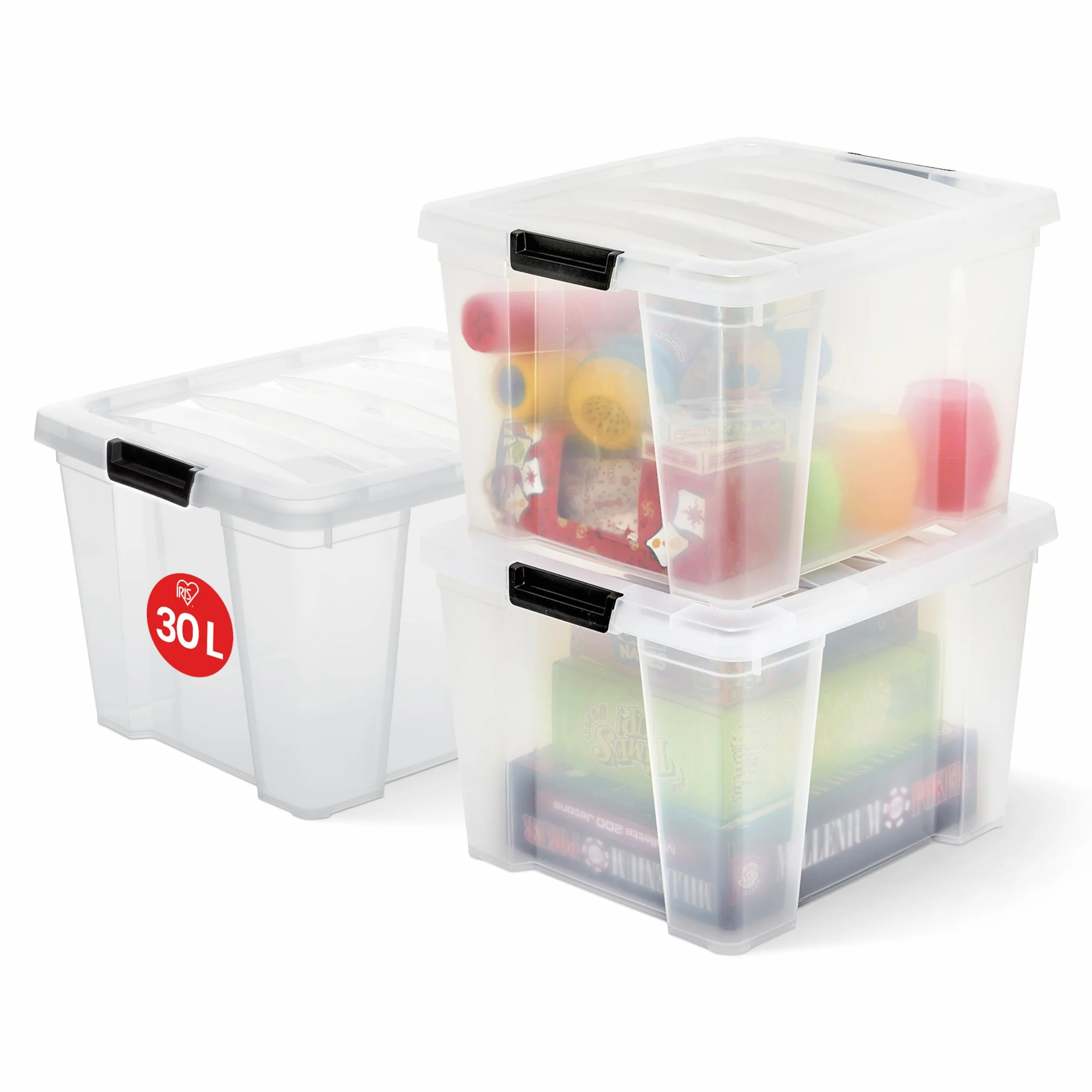 Iris Ohyama Contenitore in Plastica 30 Litri Set da 3 Trasparente Impilabile HB-30