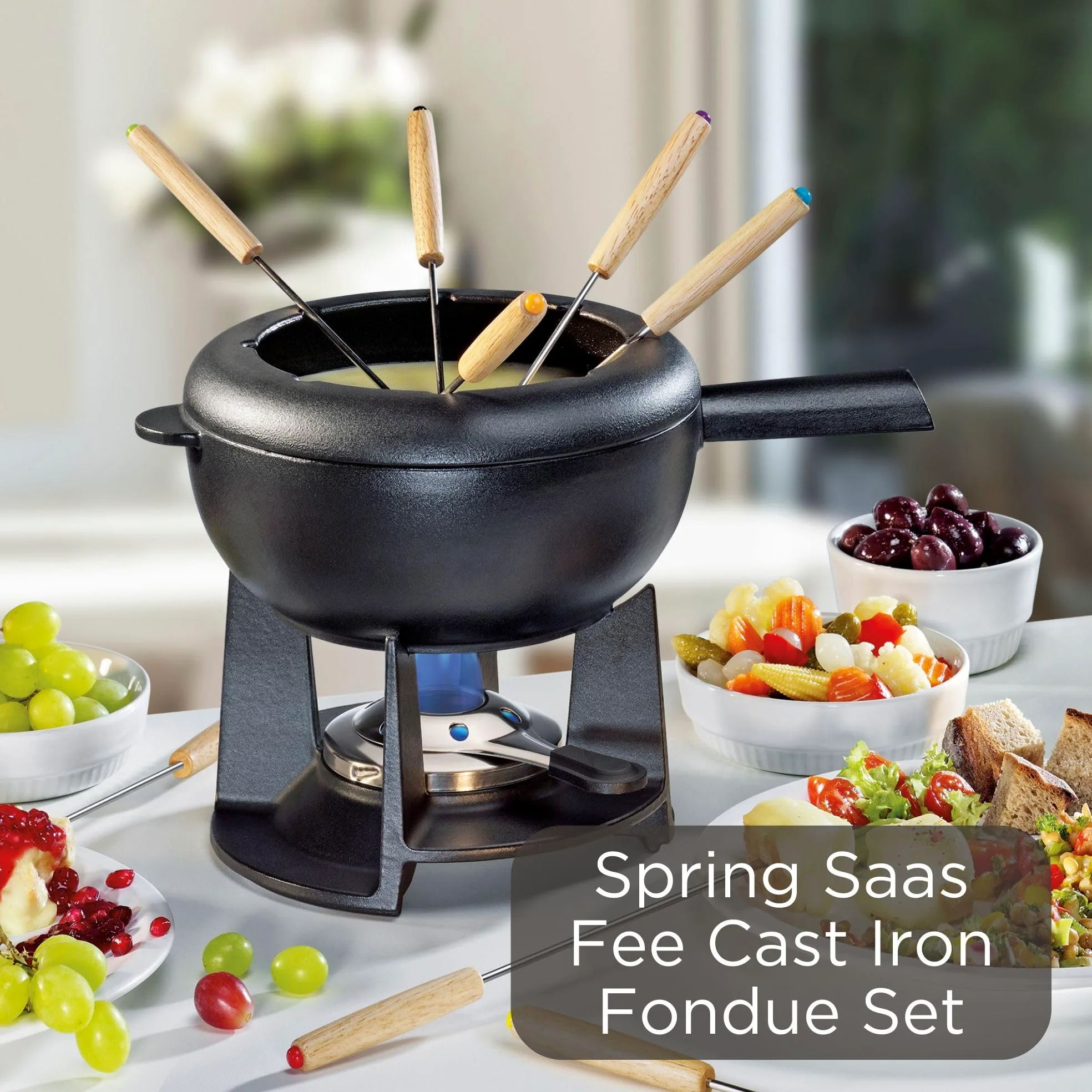 Spring Set per fonduta in ghisa, nero, Ø 20 cm, con 8 forchette per fonduta e paraspruzzi | per fonduta di formaggio, fonduta di carne, bruciatore Rechaud