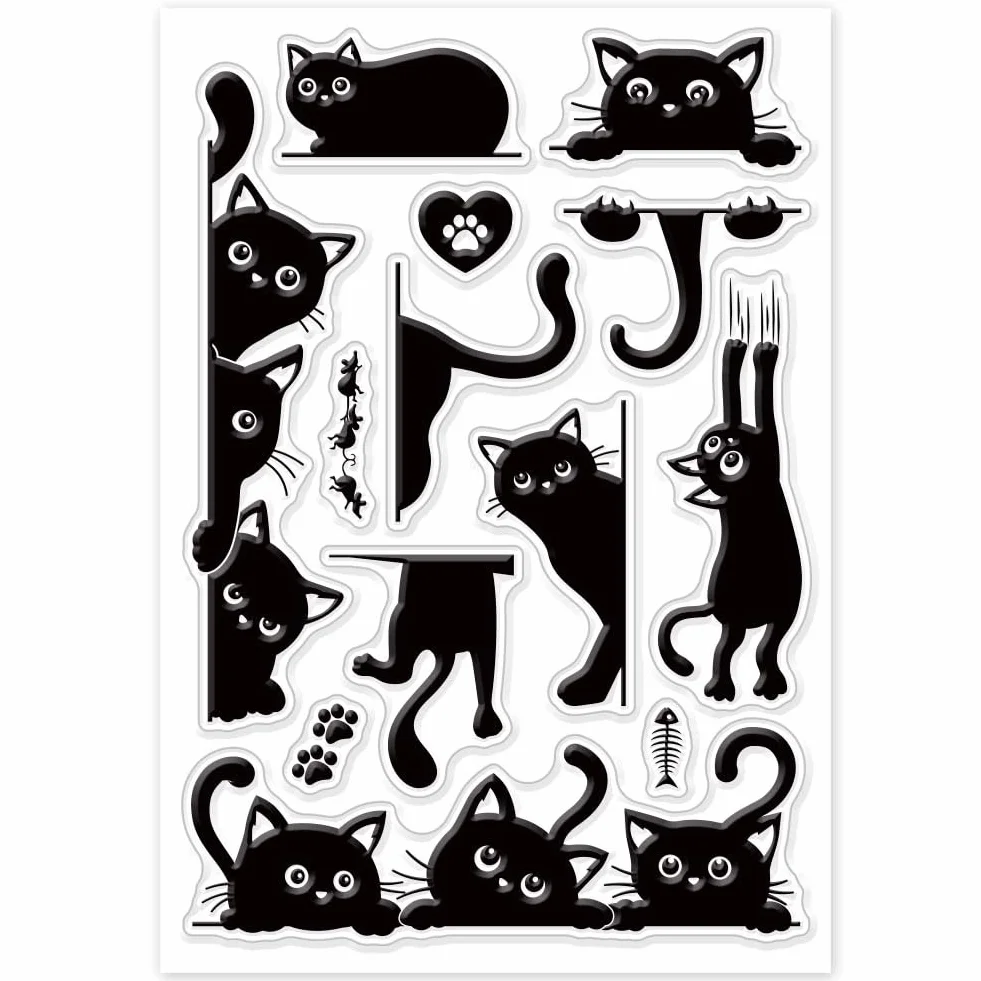 GLOBLELAND Timbri Trasparenti Gatto Nero per Scrapbooking Fai Da Te Bordo Gatto Sigilli per Timbri In Silicone Timbri Trasparenti per Creazione di Carte Album Fotografico Diario 6.3×4.33 Pollici