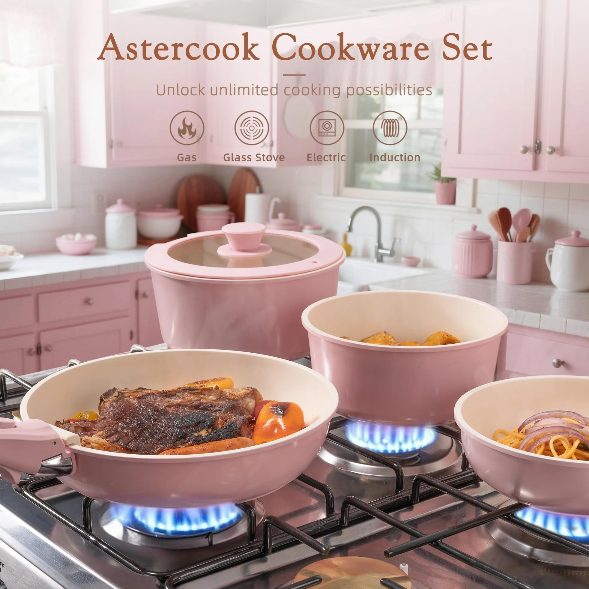 Astercook Set da 21 pentole e padelle antiaderenti, set di pentole in ceramica con manico staccabile, set da cucina per camper con manici rimovibili, adatto al forno, pronto per induzione, set