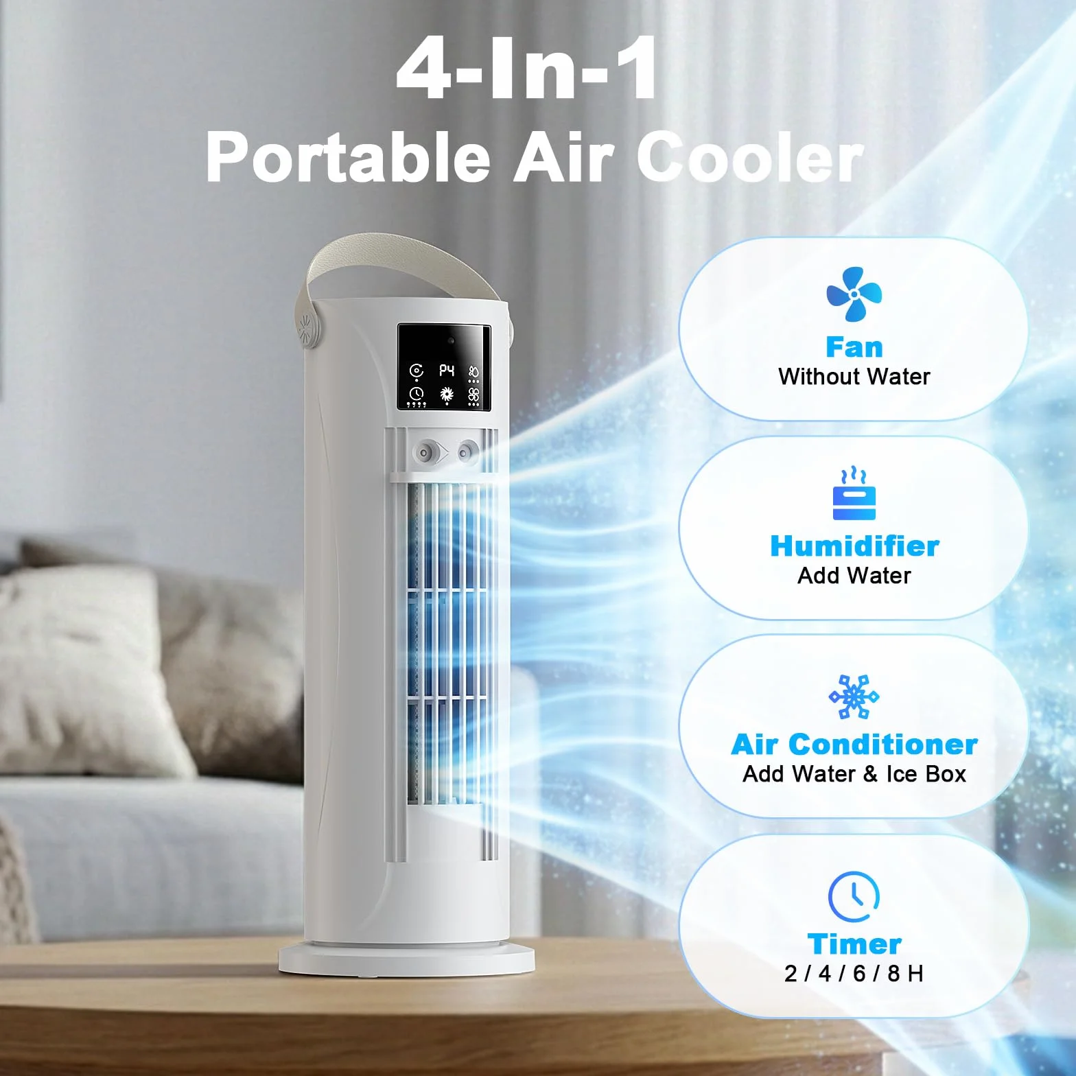 Condizionatore Portatile Modalità Tempesta,Raffrescatore Aria 4 in 1 Silenzioso 28dB, Ventilatore Senza Pale,Oscillazione 120°, Doppia Nebbiatura Anti-perdita 750mL, Timer 8H per Casa Ufficio (Bianco)