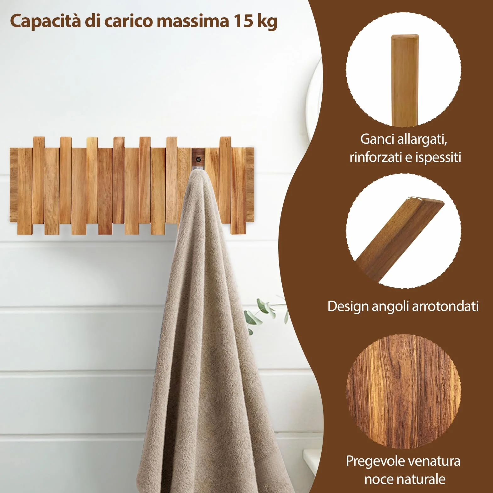 Ganci Pieghevoli in Legno, Appendiabiti da Parete in Rovere 42,5 x 16 x 2,5 cm