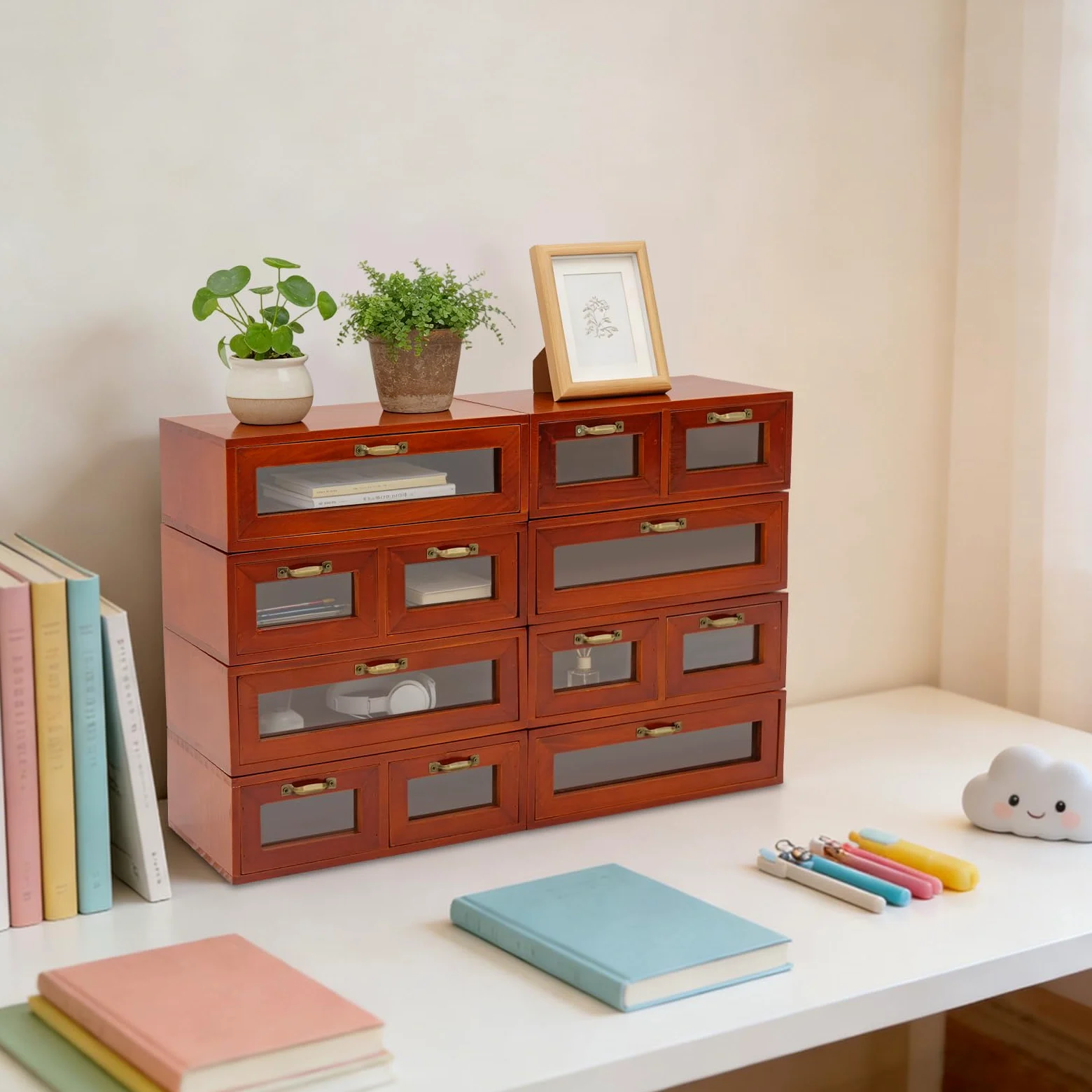 Armadio impilabile in legno con 12 cassetti (per 30 x 18 x 10 cm) | Cassettiera con maniglie e finestre trasparenti, organizer per cosmetici, gioielli, forniture per ufficio, piccoli attrezzi