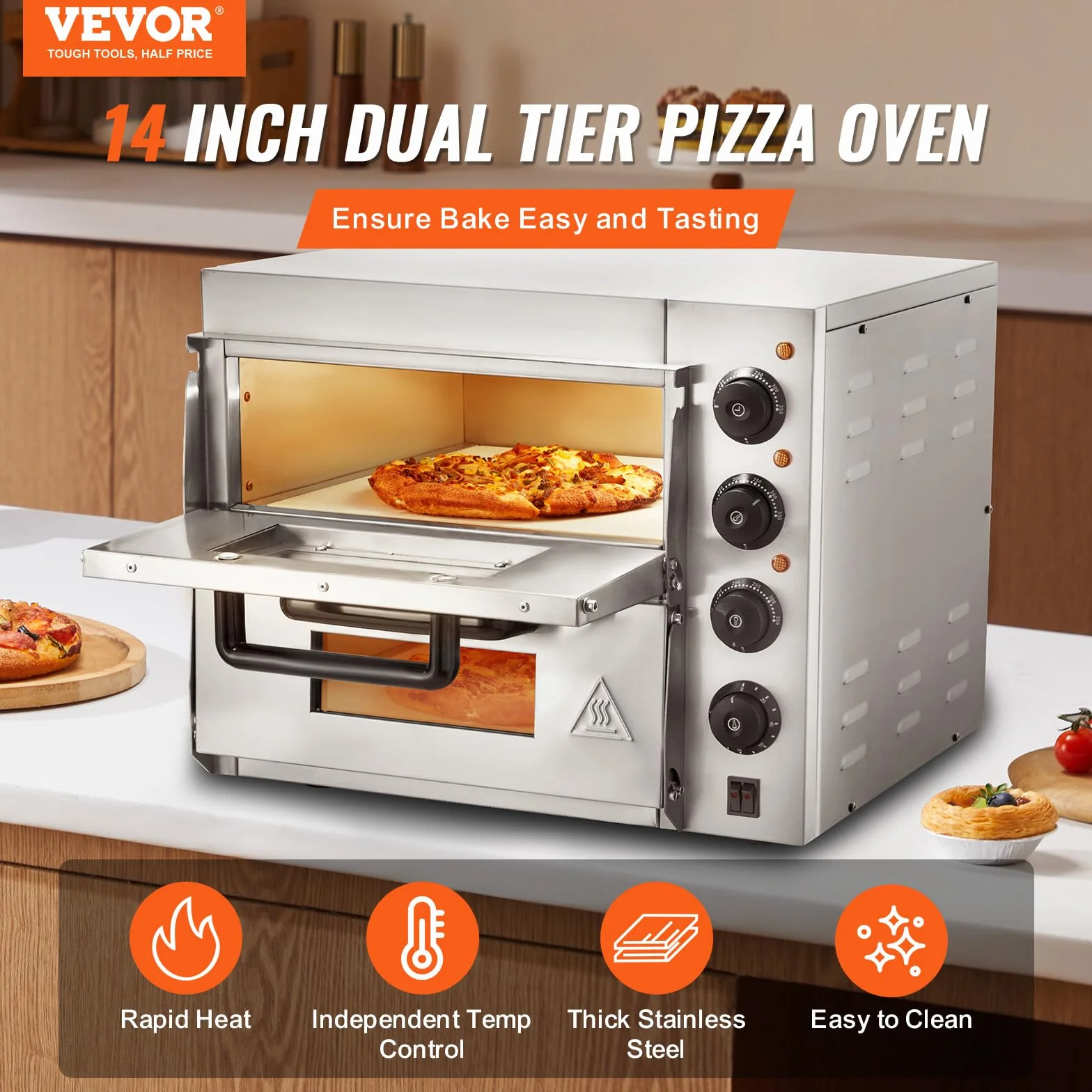 VEVOR Forno Elettrico per Pizza 14 Pollici Forno Elettrico 2 Ripiani per Pizza in Acciaio Inox con Pietra di Pizza Pizzaiolo Multiuso, Forno per Pizza per Interni Ristorante Cottura Casa Cucina