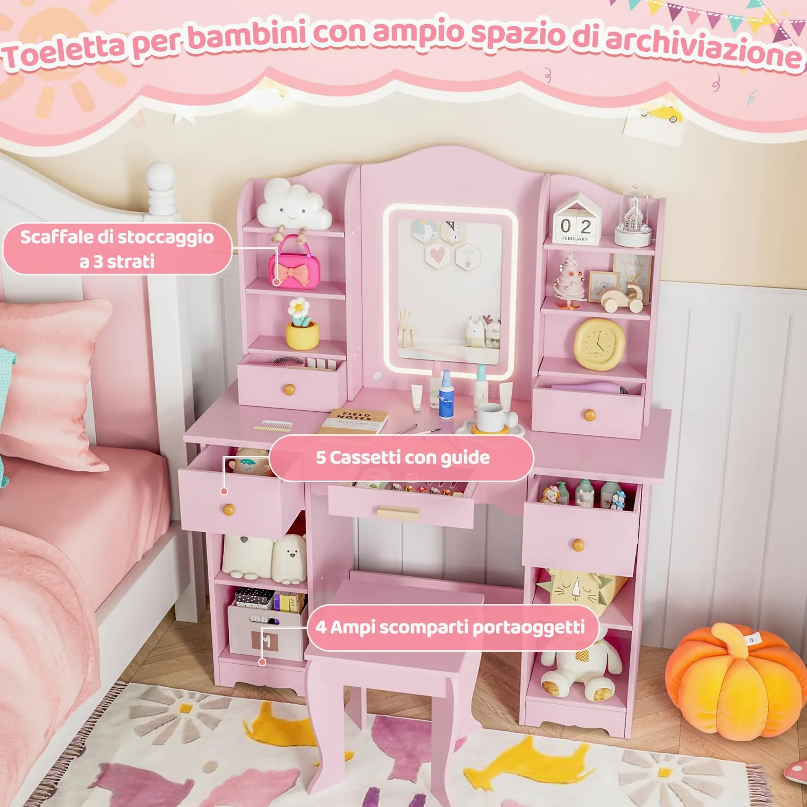 MAMIZO Toeletta Trucco Bambina con Sgabello LED, Toeletta per Bambini con Sedia, 5 Cassetti e 10 Scomparti Portaoggetti, 3 Modalità di Illuminazione Regolabili, 95x34x118cm, Rosa