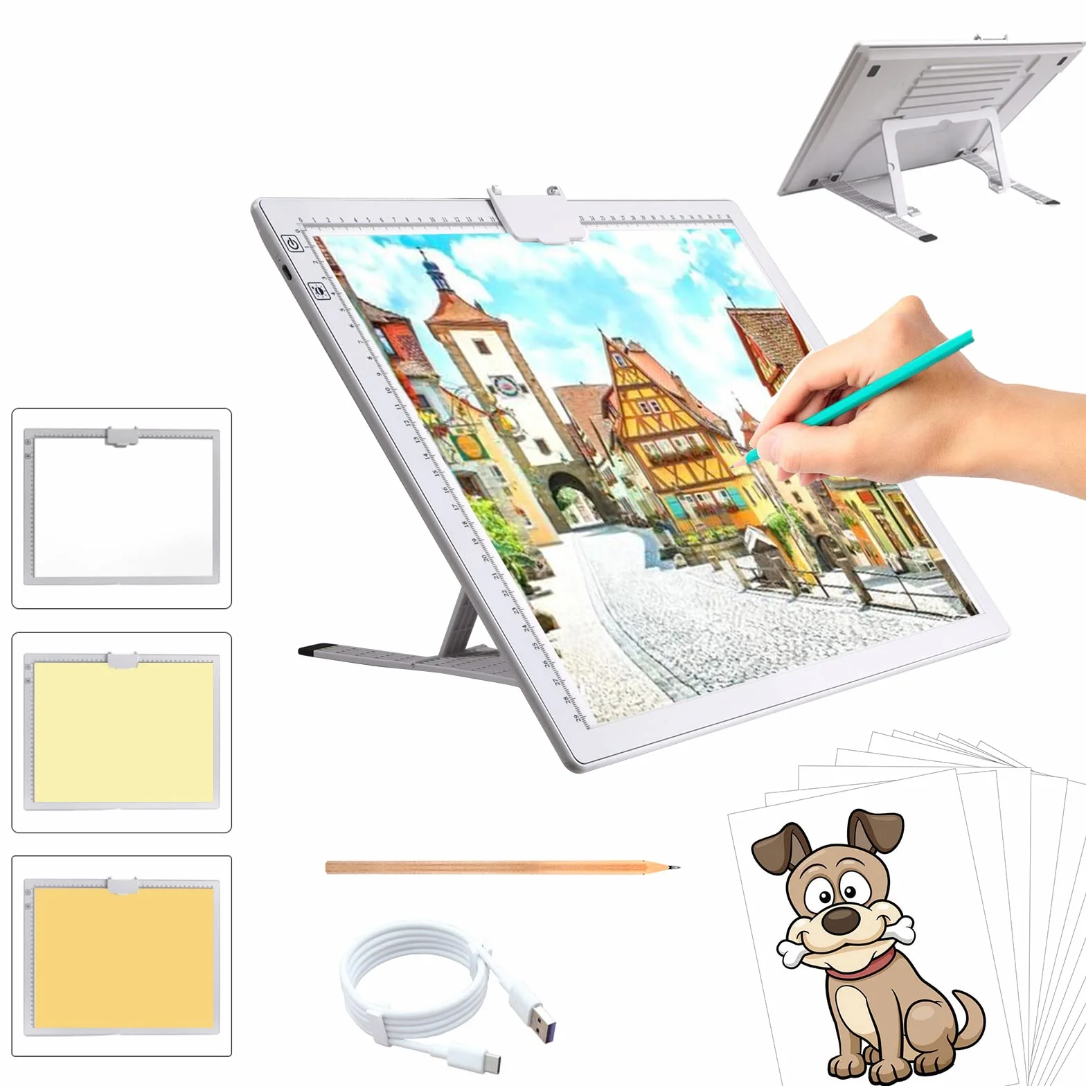 TOHETO A3 Ricaricabile Tavoletta Luminosa per Disegnare con Supporto Pieghevole, Light Box LED per Disegno, Luminosità Regolabile, Bianco