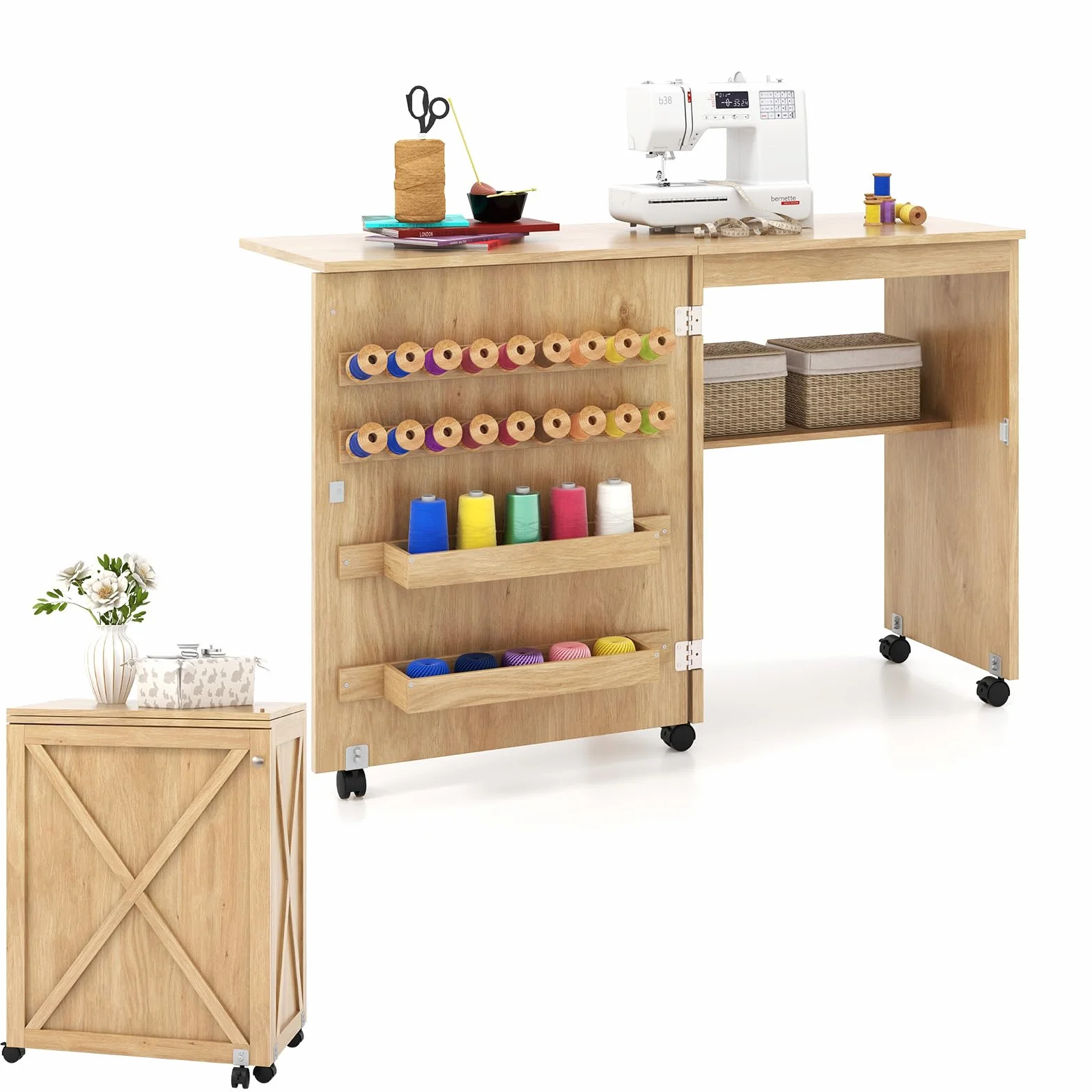 LIFEZEAL Mobile per Macchina da Cucire, Tavolo Macchina da Cucire, Armadietto Cucito, Salvaspazio, Moderno, 5 Ruote, 2 Mensole, 18 Ganci per Filo, 1 Ripiano, Pieghevole, 116x40x76cm, Legno, Naturale