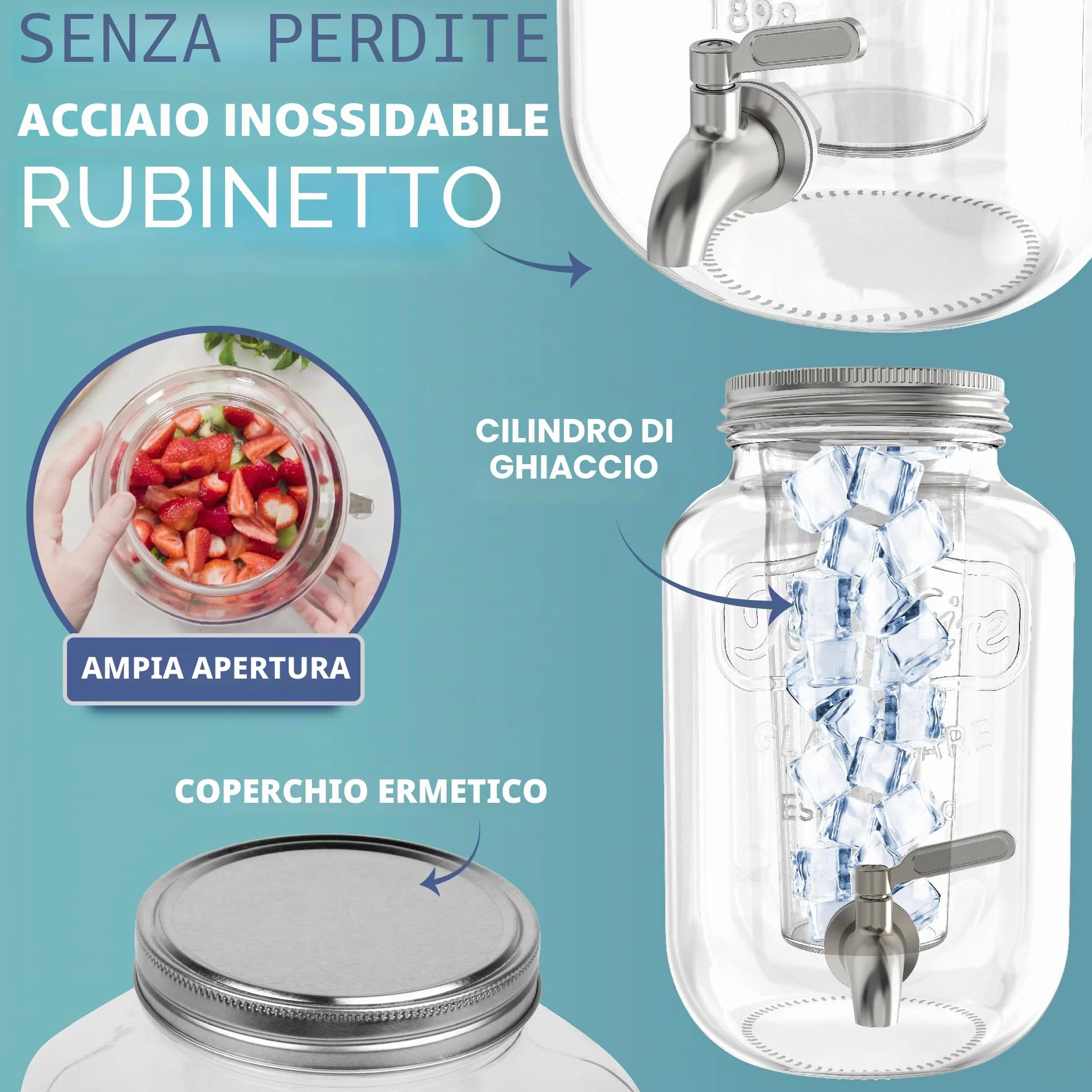 HEFTMAN Distributore bevande vetro 3,7 litri rubinetto acciaio inox a prova di perdite cilindro ghiaccio