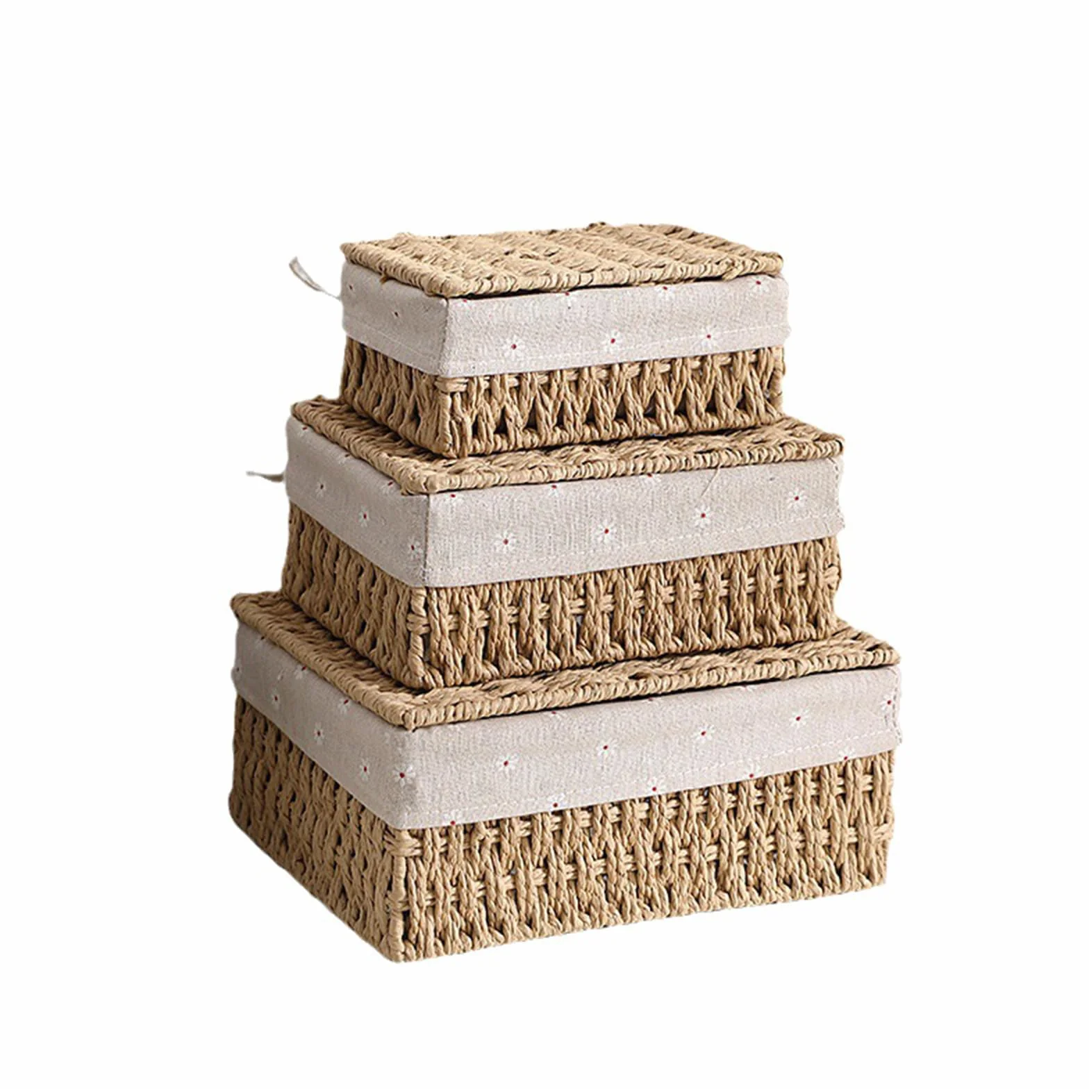 Cestini Portaoggetti Intrecciati a Mano con Coperchio - Corde di Carta Riciclata, Fodera Lavabile - Organizer Multifunzione per Bambini, Bagno, Cucina - Stile Boho Decor (Beige)